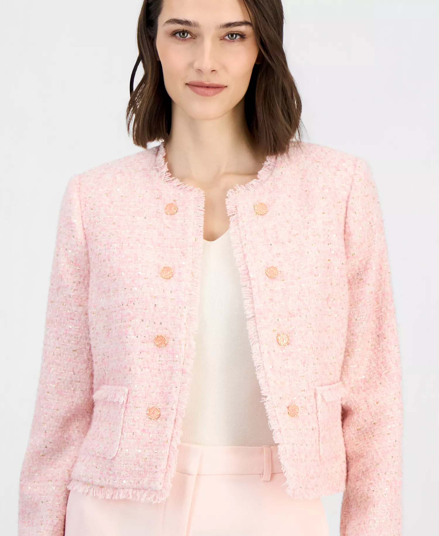 Petite Padded Cropped Collarless Jacket - Tea Rose - 10P