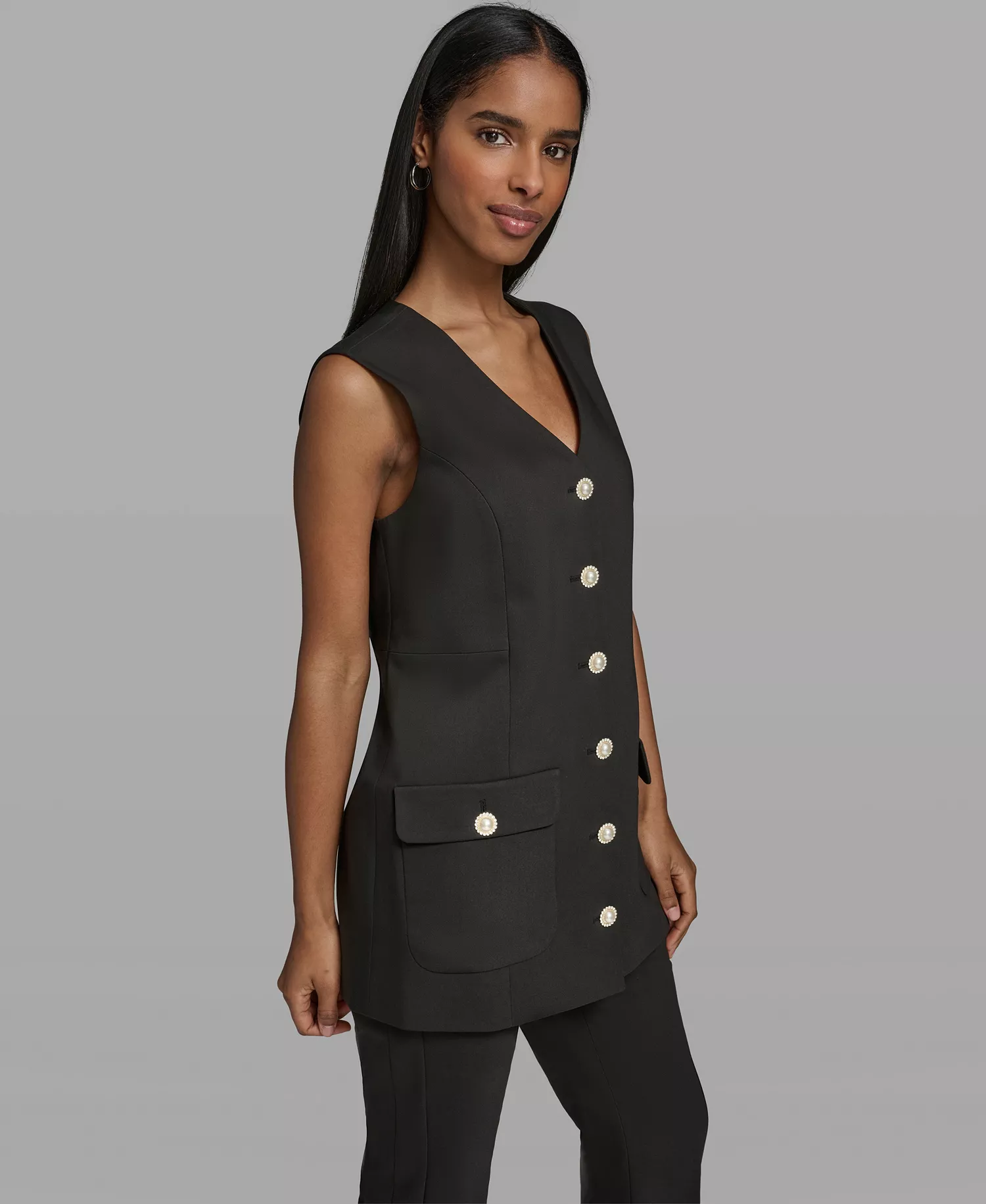 Women's V-Neck Woven Vest - Black - 0
