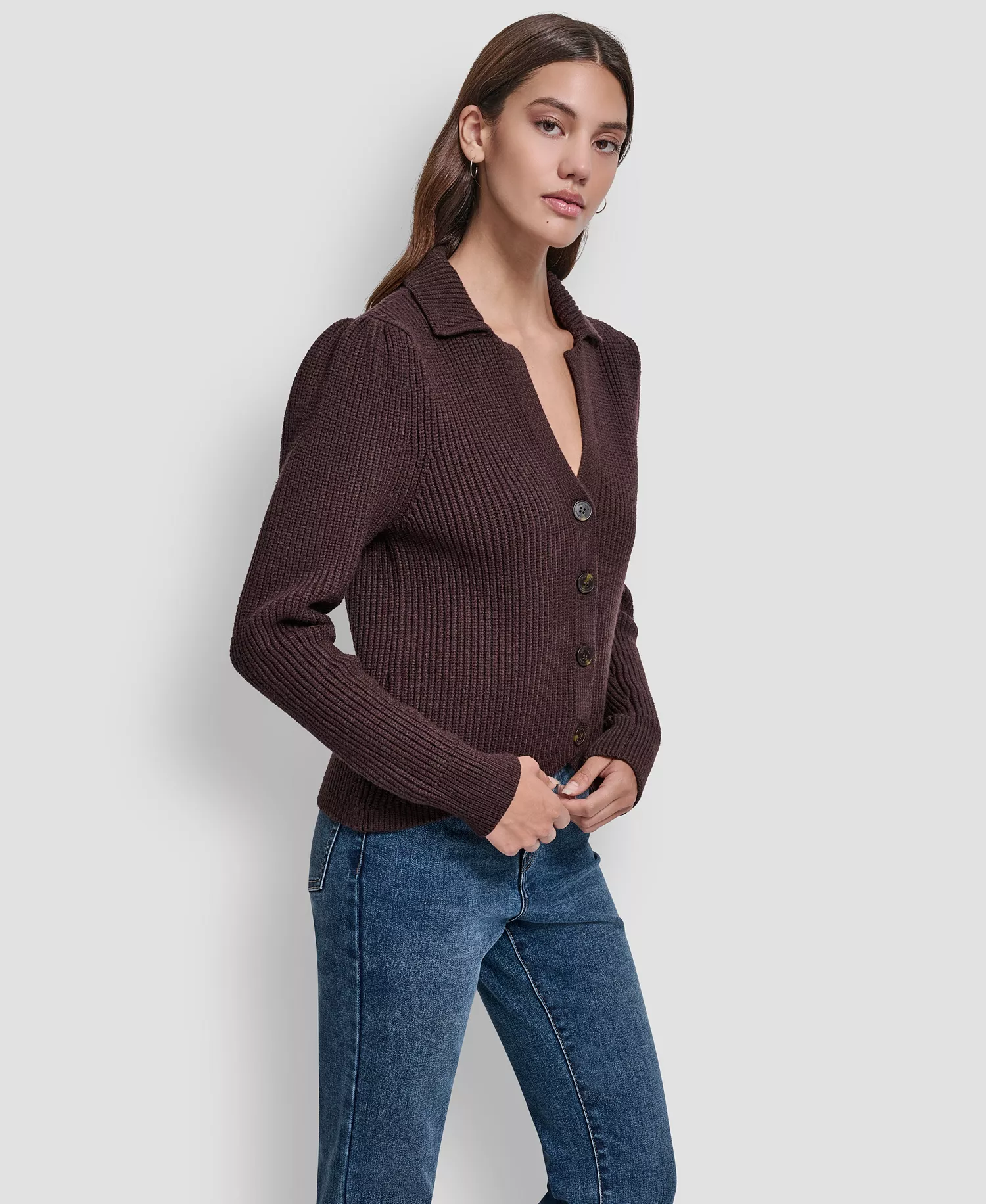Women's Shaker Stitch Detail Cropped Cardigan Sweater - Espresso - L