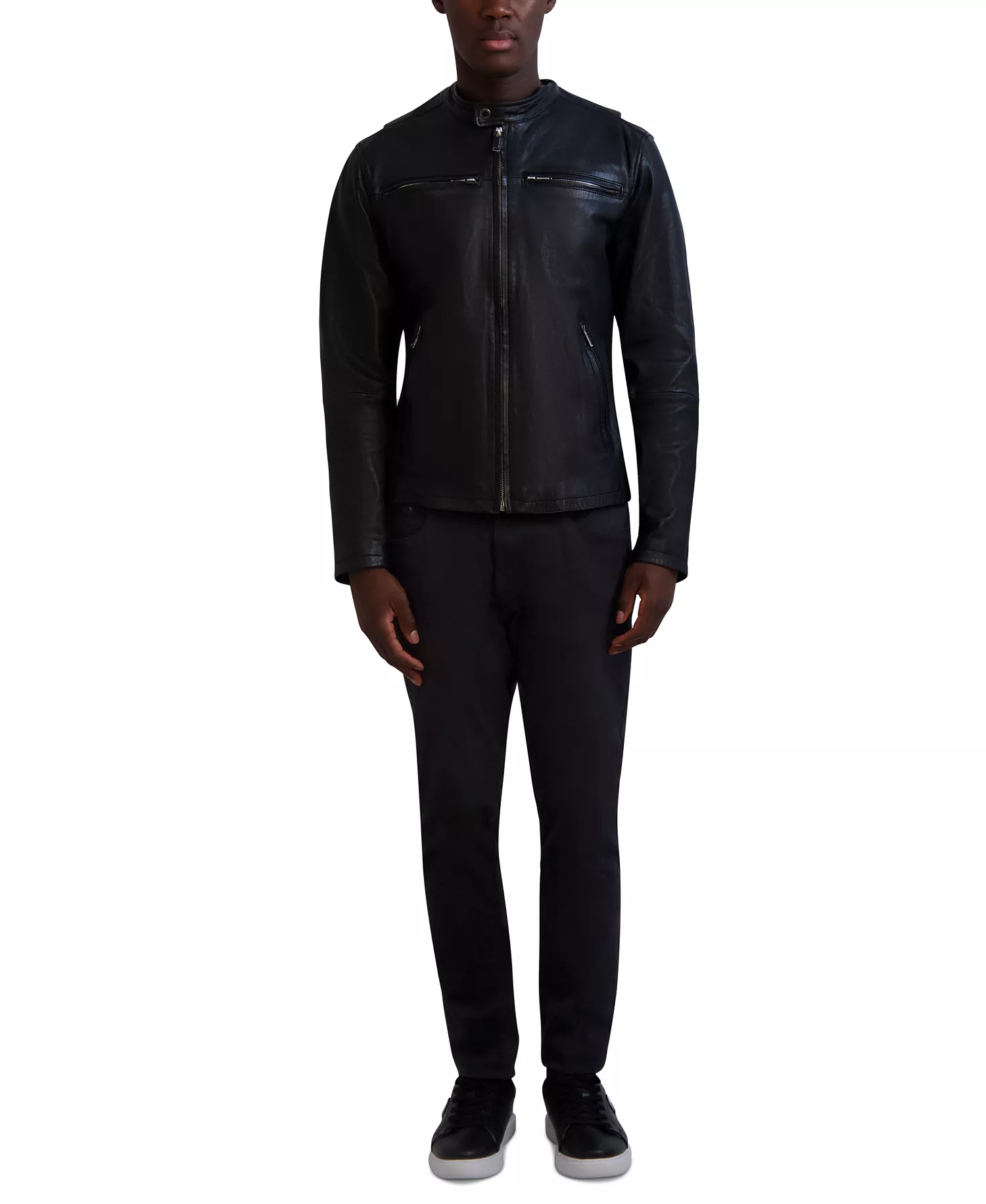 Paris Men's Band-Collar Distressed Leather Jacket - Black - 2XL