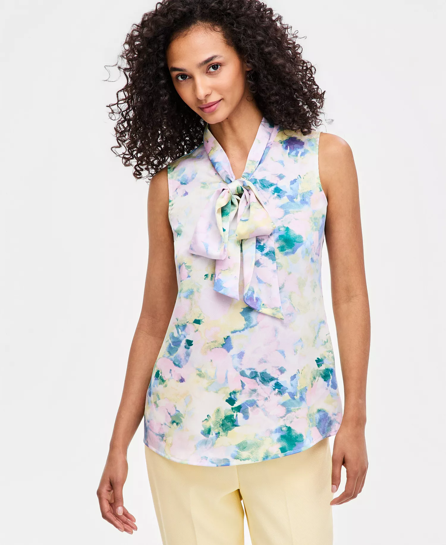 Petite Tie-Front Printed V-Neck Top - Blush Buttercup Watercolor - P/L