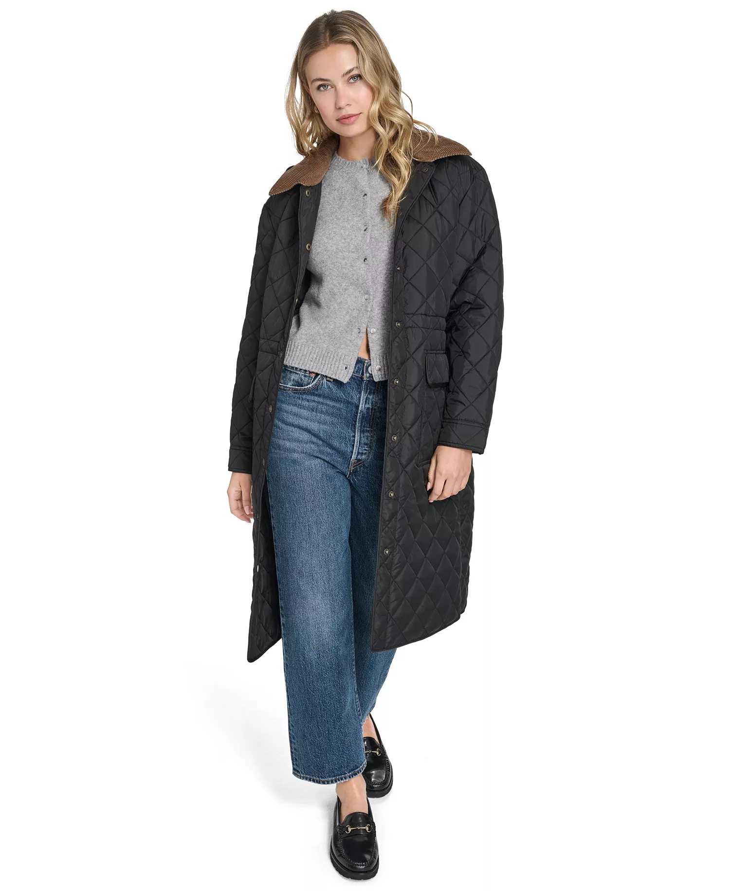 Women's Regular Diamond Quilted Cinch Waist Coat - Black - L