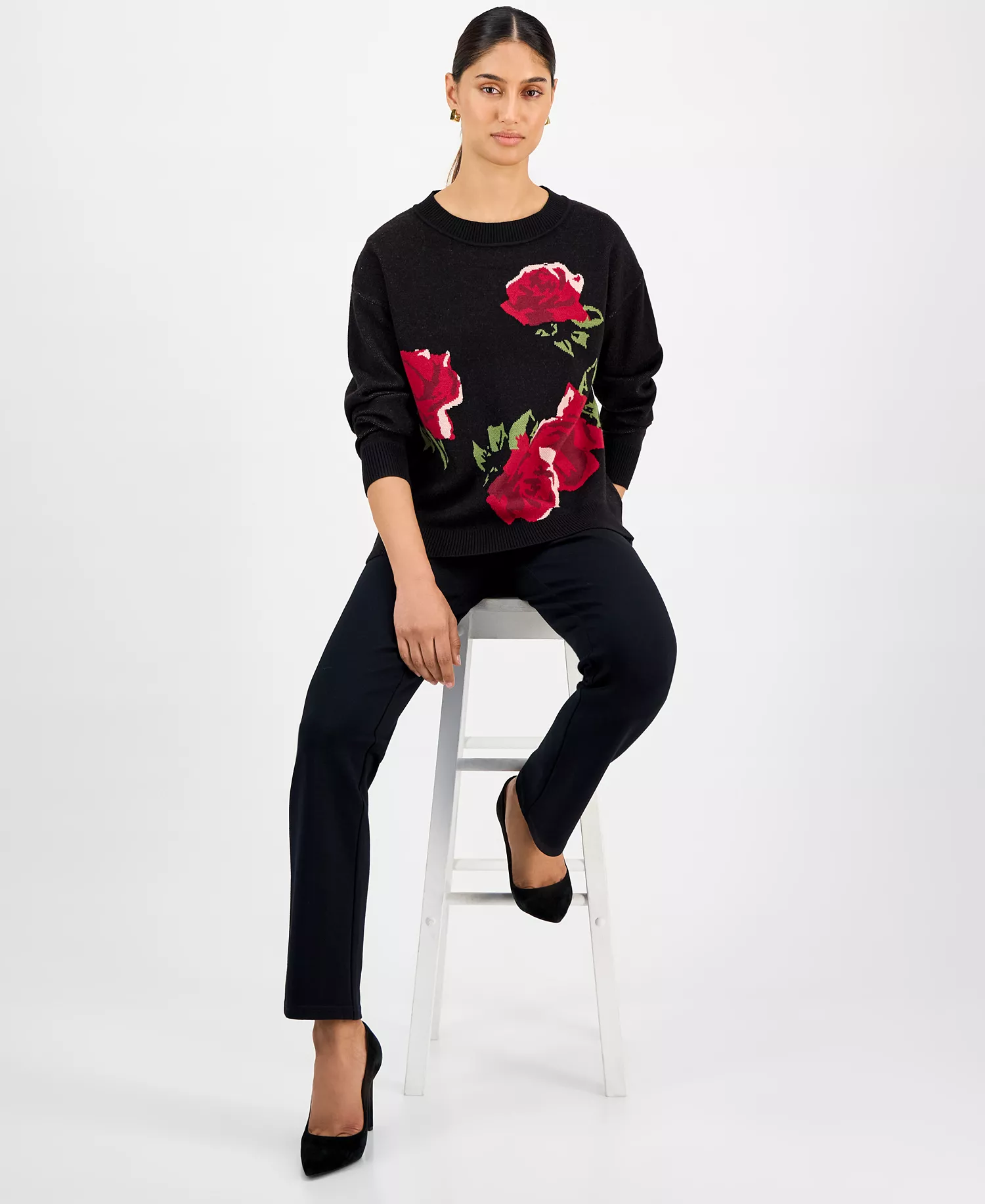 Women's Rose-Print Crewneck Sweater - Black W Rose - M