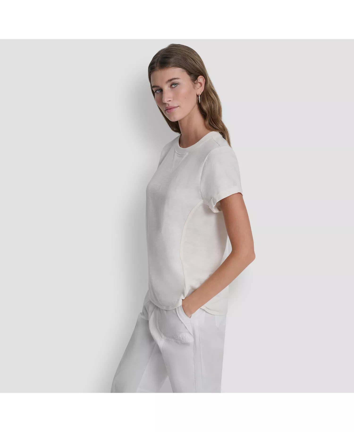 Women's Embroidered Crewneck Logo Roll-Sleeve Top - Eggnog - L