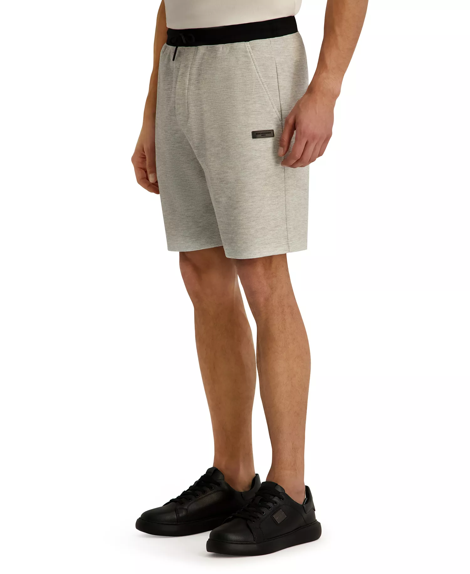 Men's Striped Waffle Drawstring Short with Leather Logo Patch - Gray Heather - 2XL