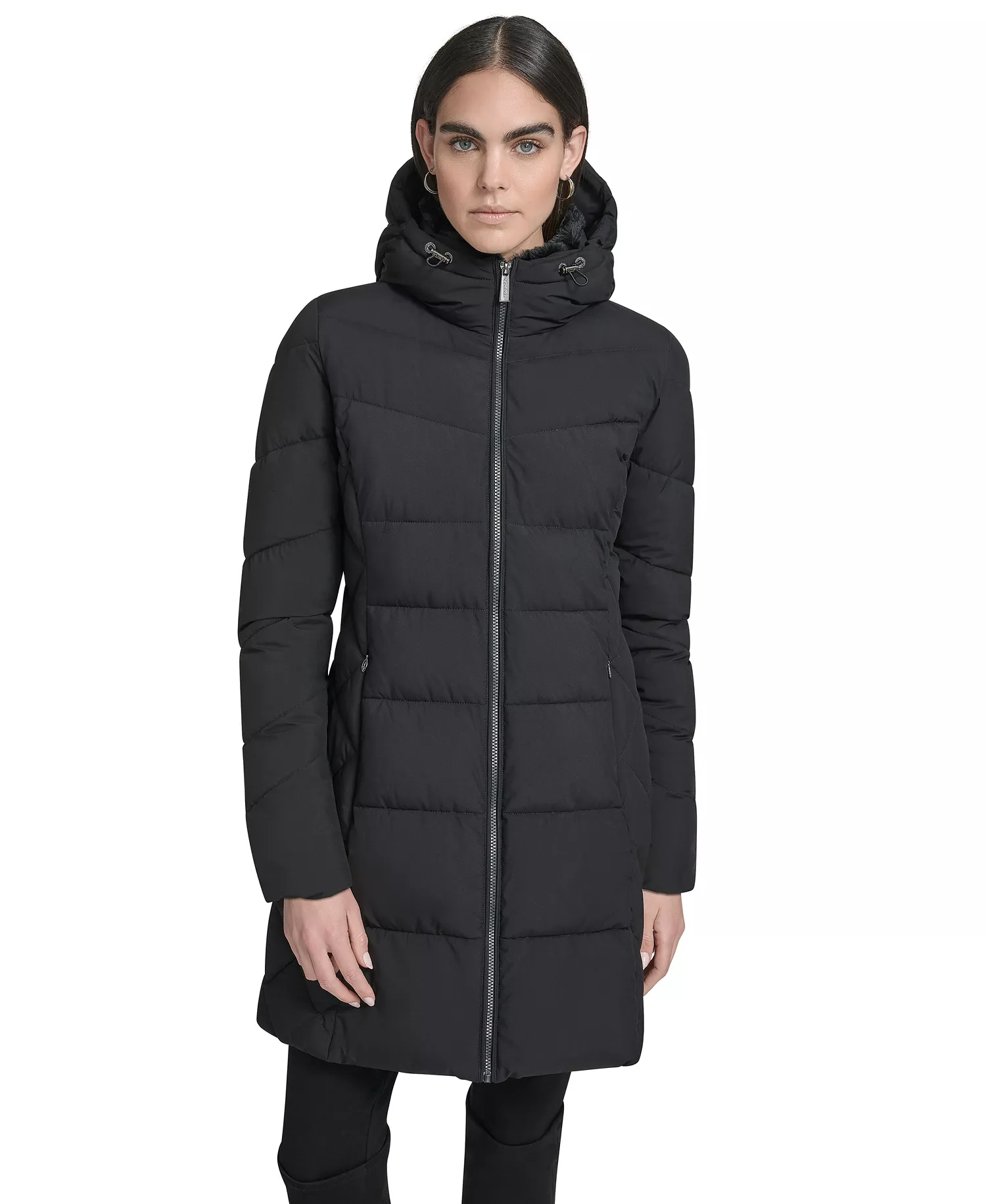 Women's Collar Hooded Puffer Coat - Black - L