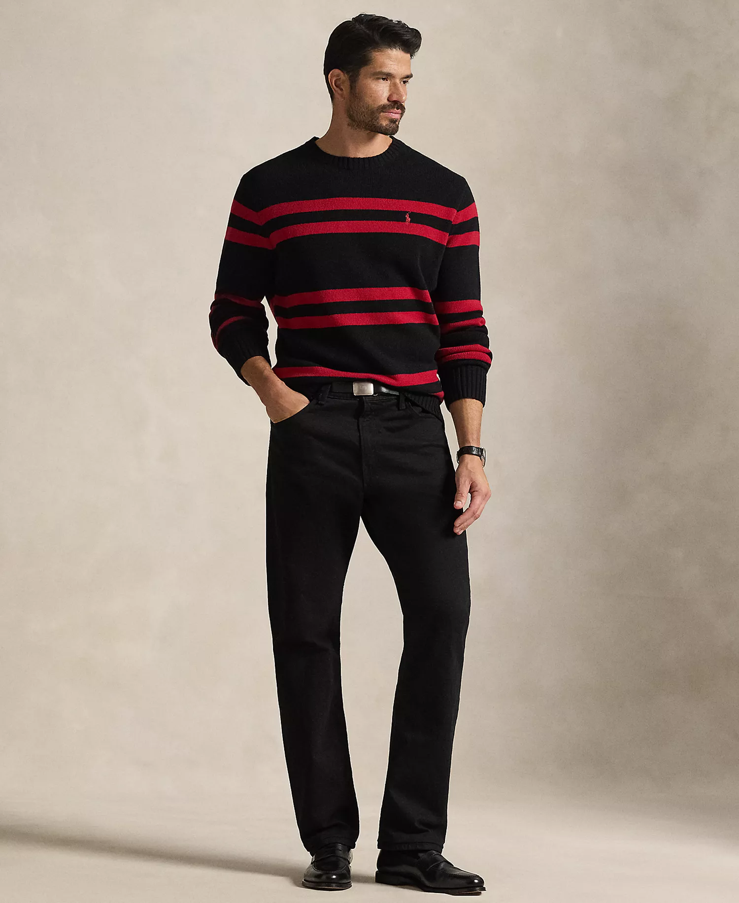 Men's Big & Tall Long-Sleeve Striped Sweater - Polo Black Combo - XLT
