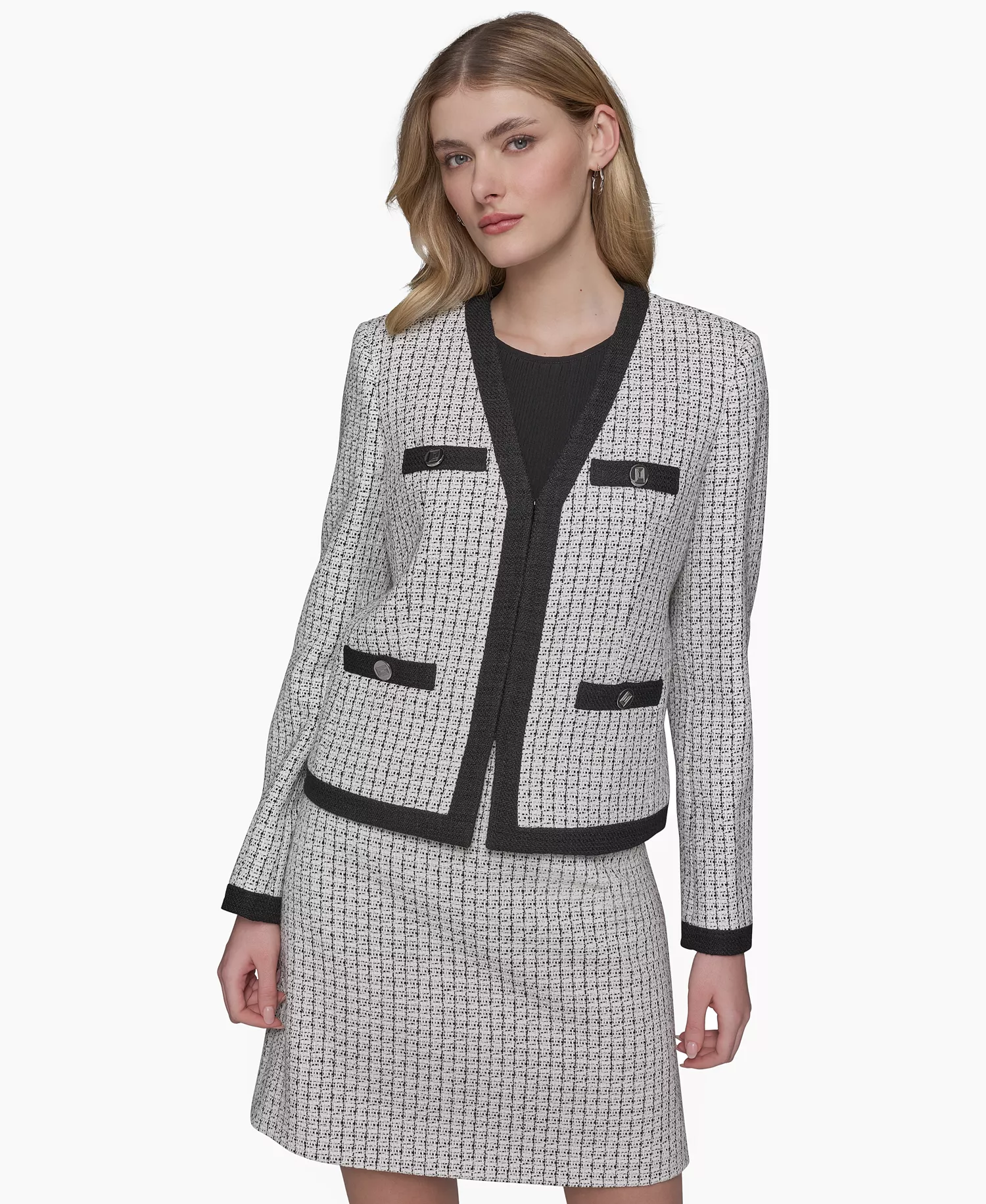 Women's Tweed Framed Jacket, A-Line Mini Skirt, & Flutter-Sleeve Blouse - Black Multi - 10