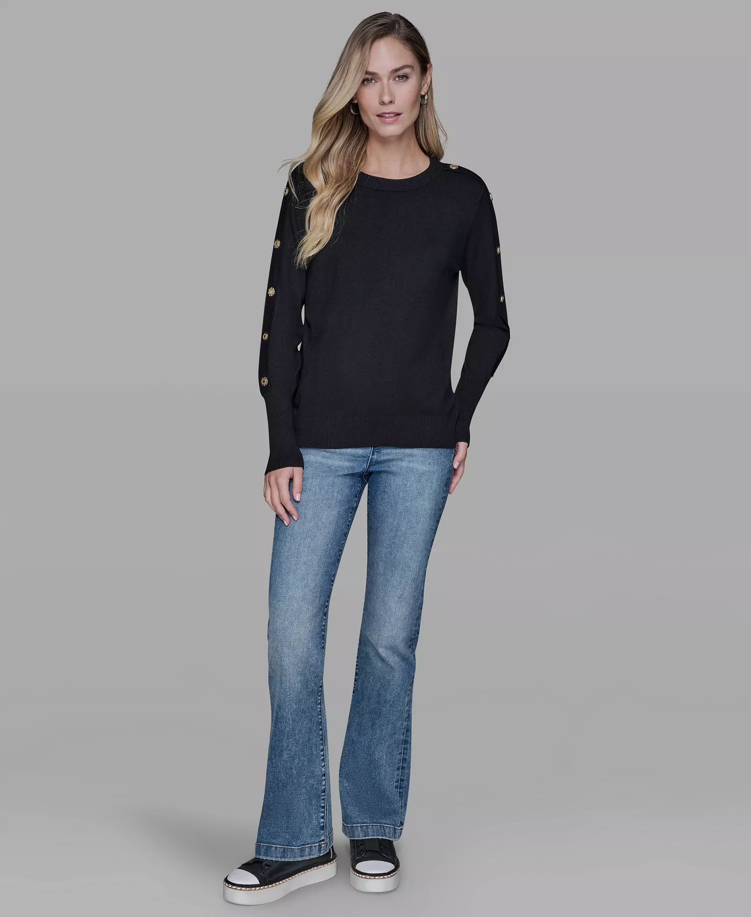 Women’s Black Button-Detail Crewneck Sweater - Black - S