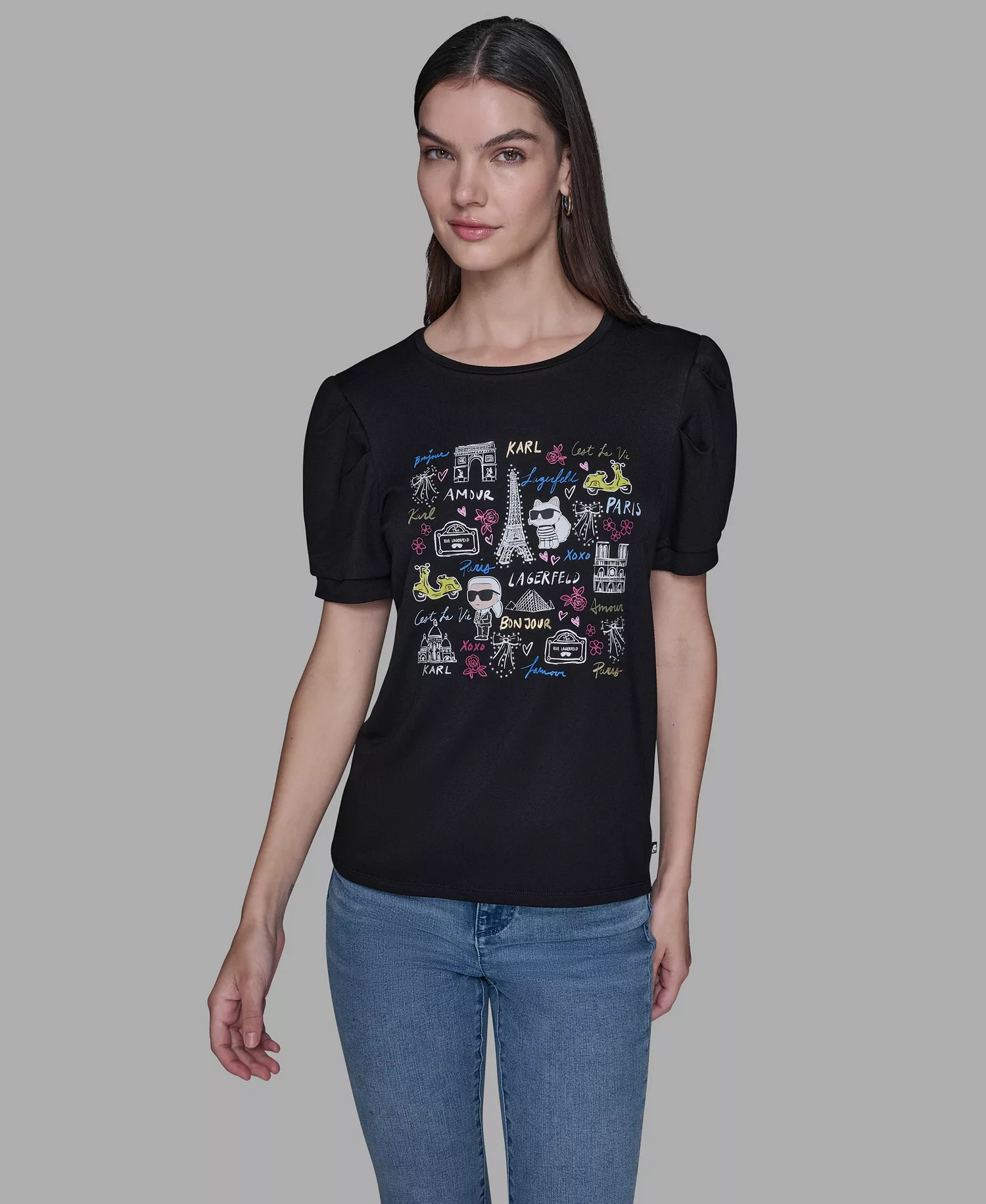 Women's Printed Short-Sleeve Top - Black - L