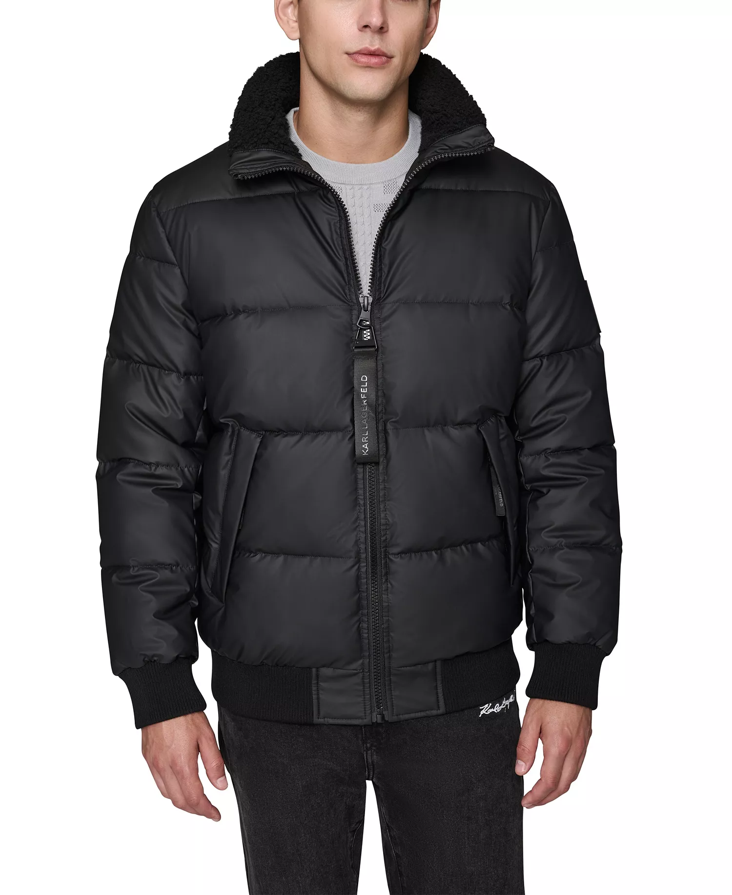 Men's Sherpa Lined Stand Collar Puffer Jacket - Black - L