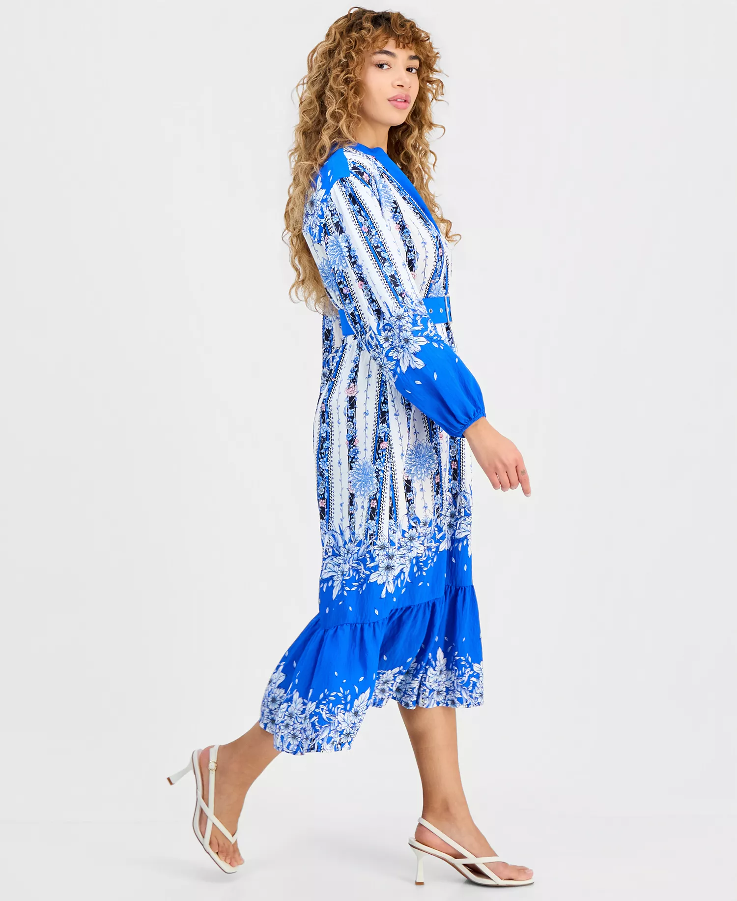 Women's Floral Belted Half-Placket Dress - Sky Forest - 10