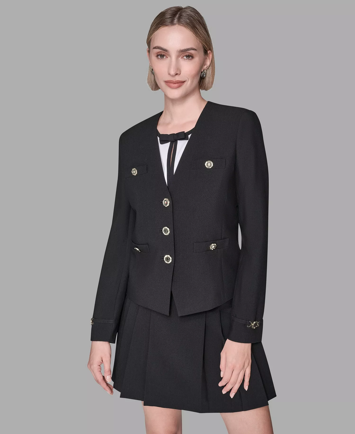 Women's Collarless 3-Button Front Embellished Jacket - Black - 0