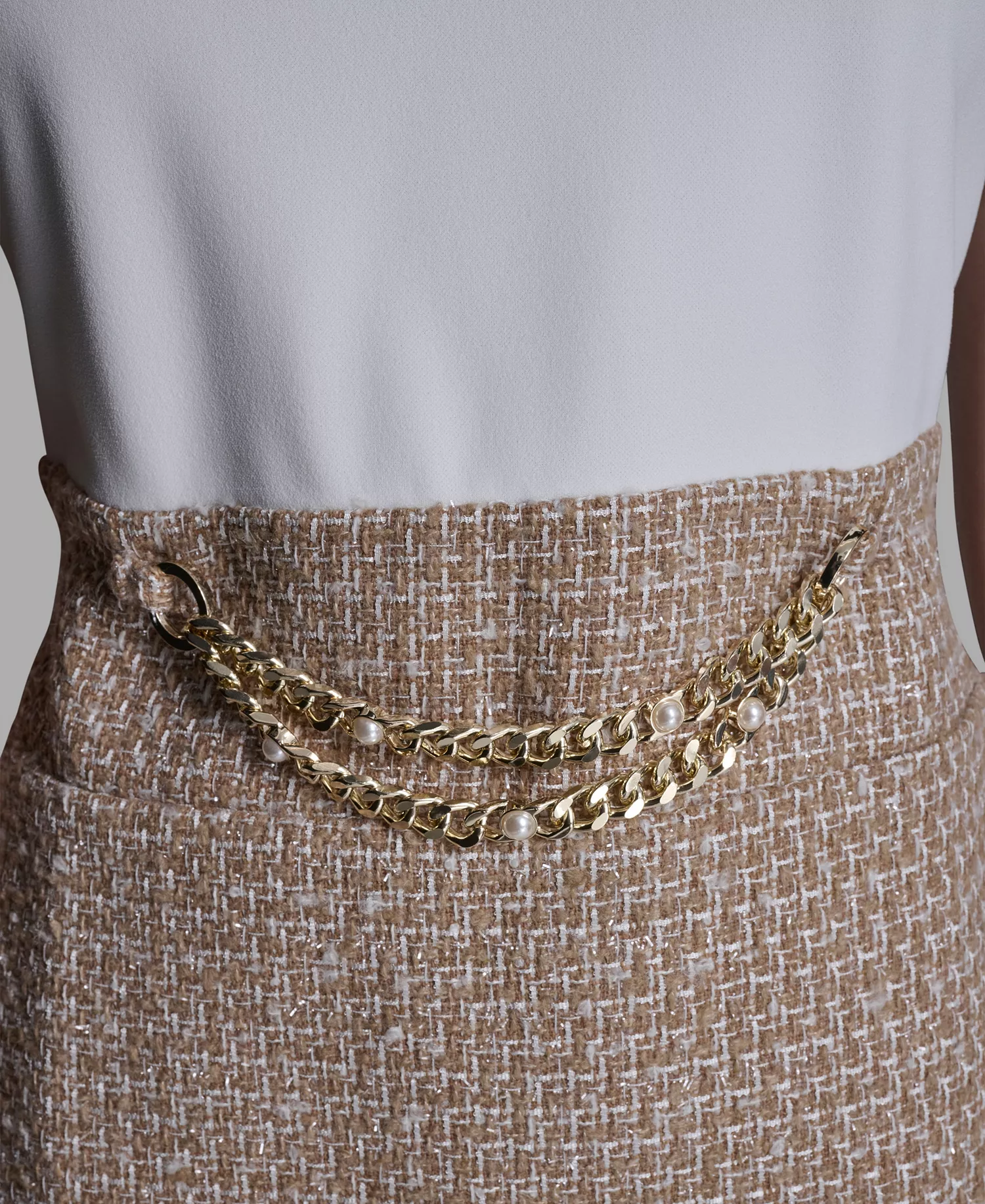 Women's Crew Neck Tweed Dress - Soft White/ Khaki - 10