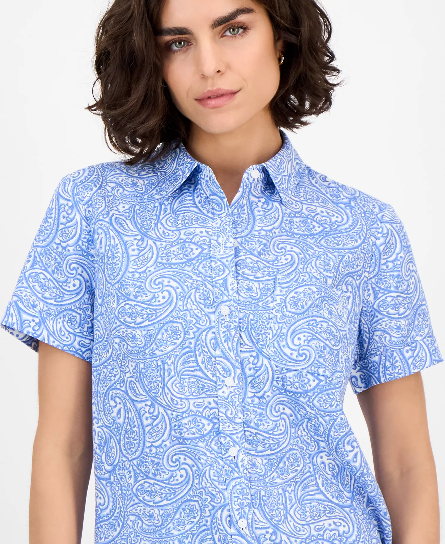 Nautica Women's Paisley Short-Sleeve Camp Shirt - Blue Haze Multi - L