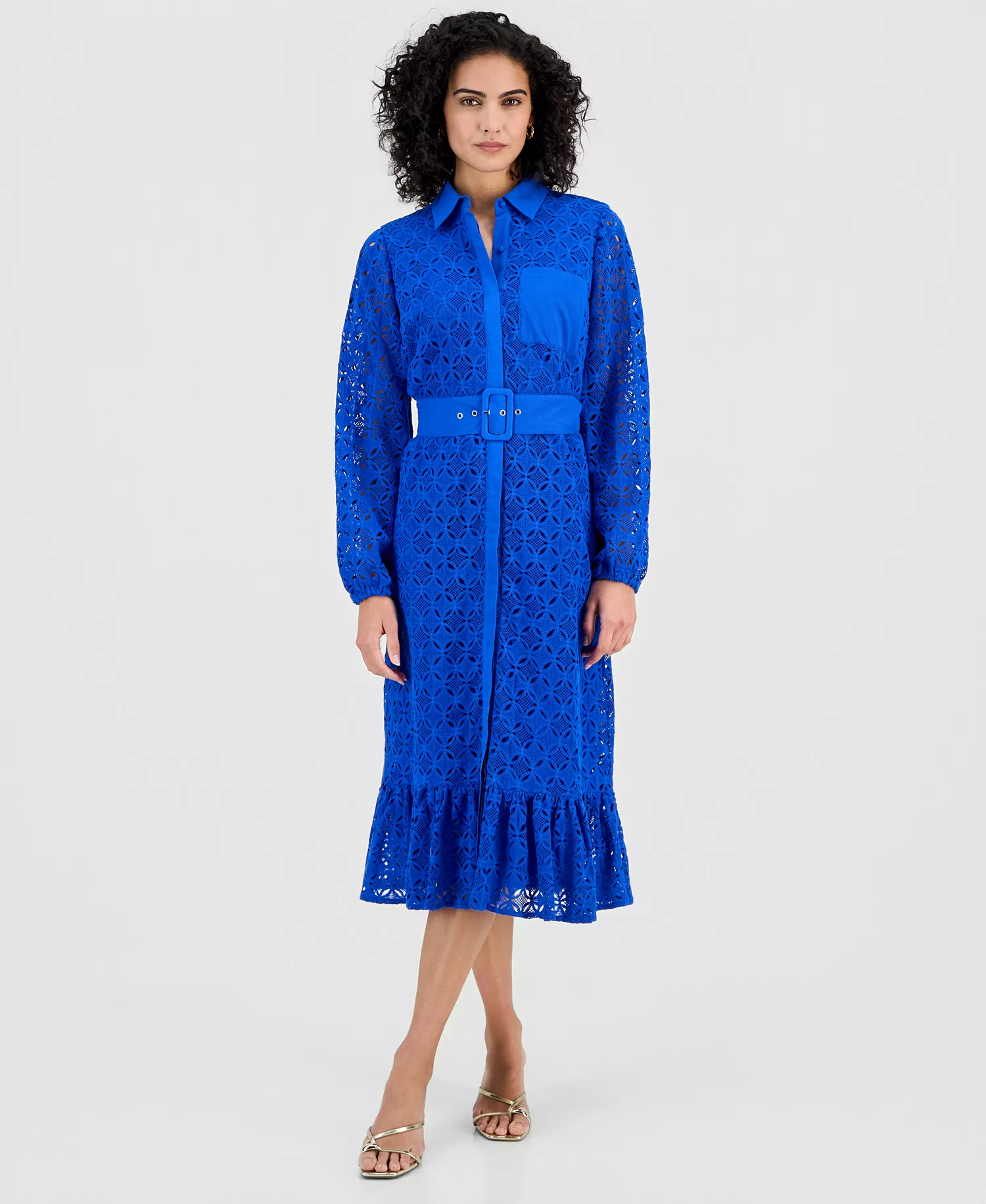 Women's Cotton Belted Lace Midi Dress - Blue Combo - 10