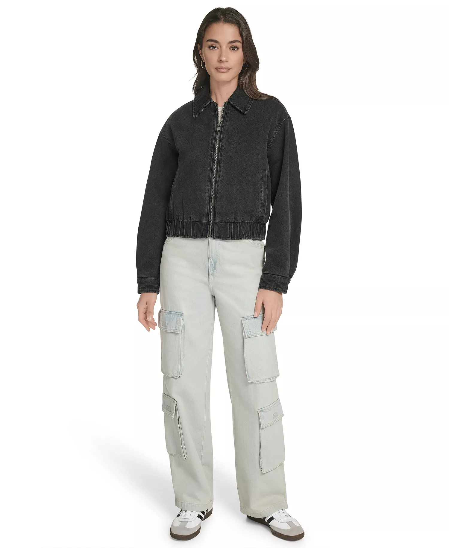 Women's Laydown Collar Denim Bomber Jacket - Black Denim - L