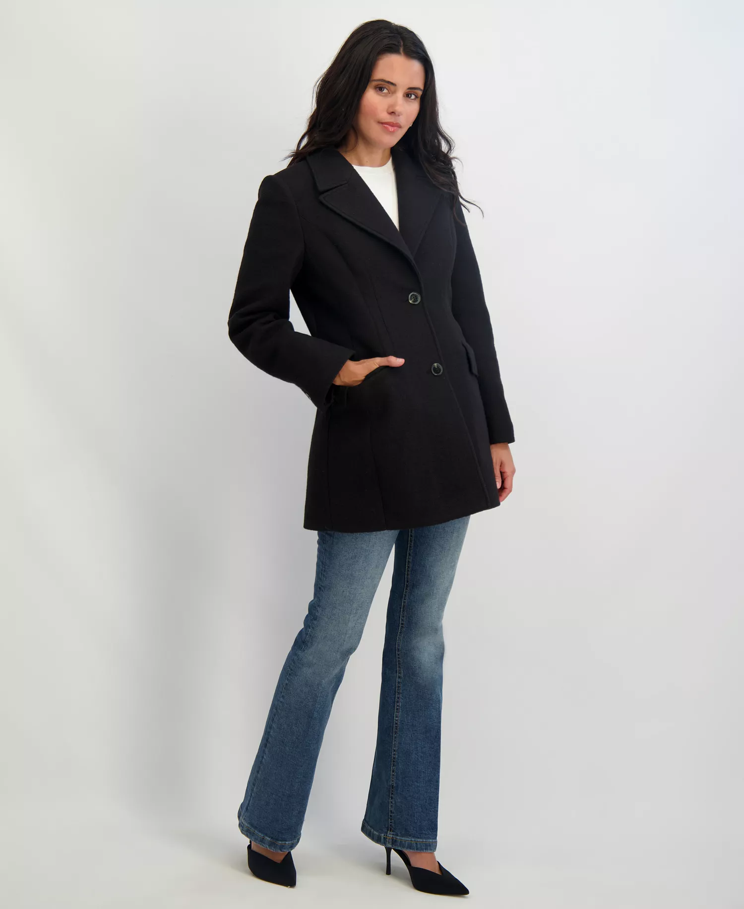 Women's Notched-Collar Single-Breasted Peacoat - Black - L