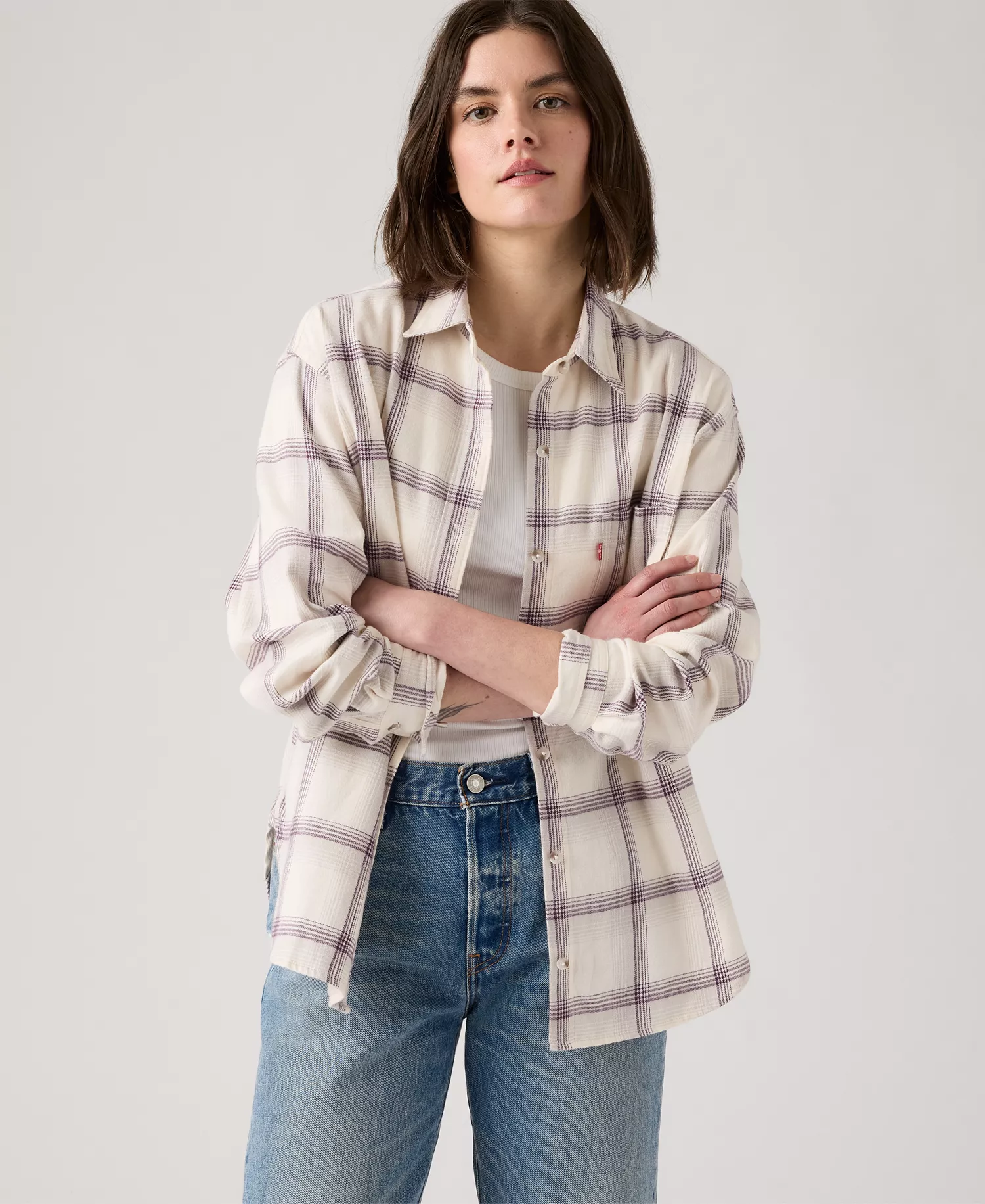 Women's Henriette Flannel Long Sleeve Shirt - Manon Plaid Whisper White - L