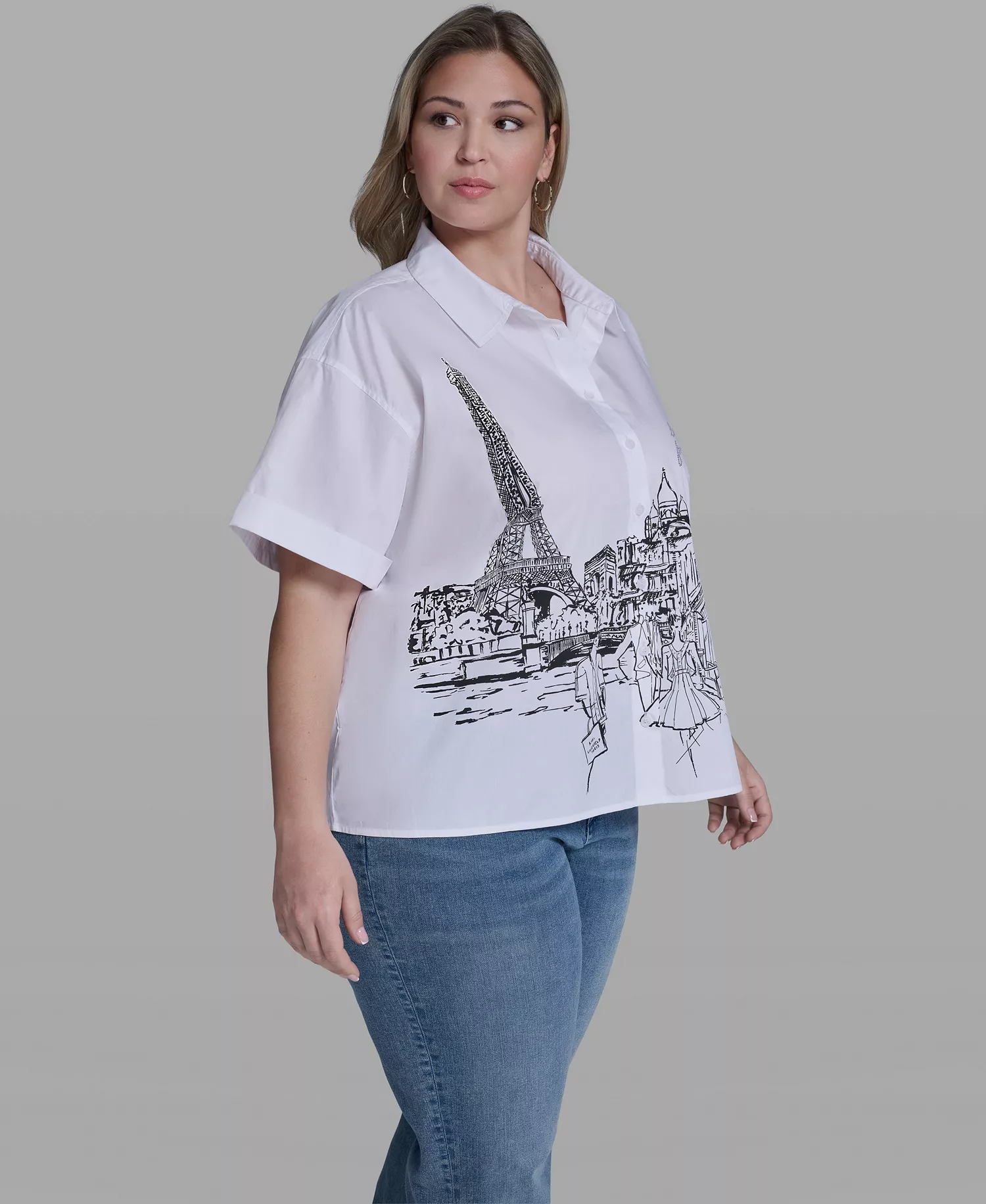 Plus Size Paris Scene Poplin Short-Sleeve Top - White - 0X