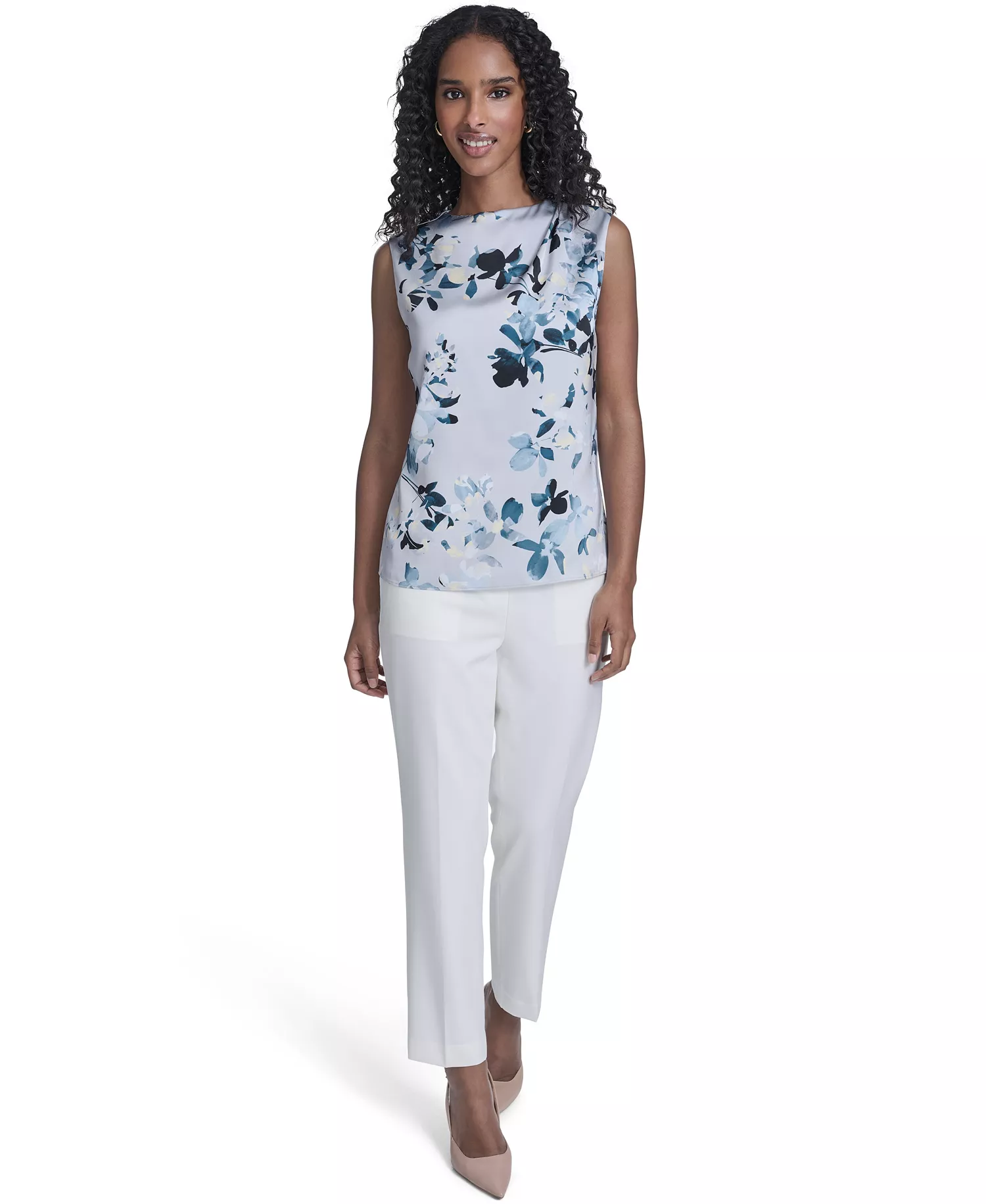 Women's Printed Sleeveless Charm Back Keyhole Top - Mist/double Cream Multi - L