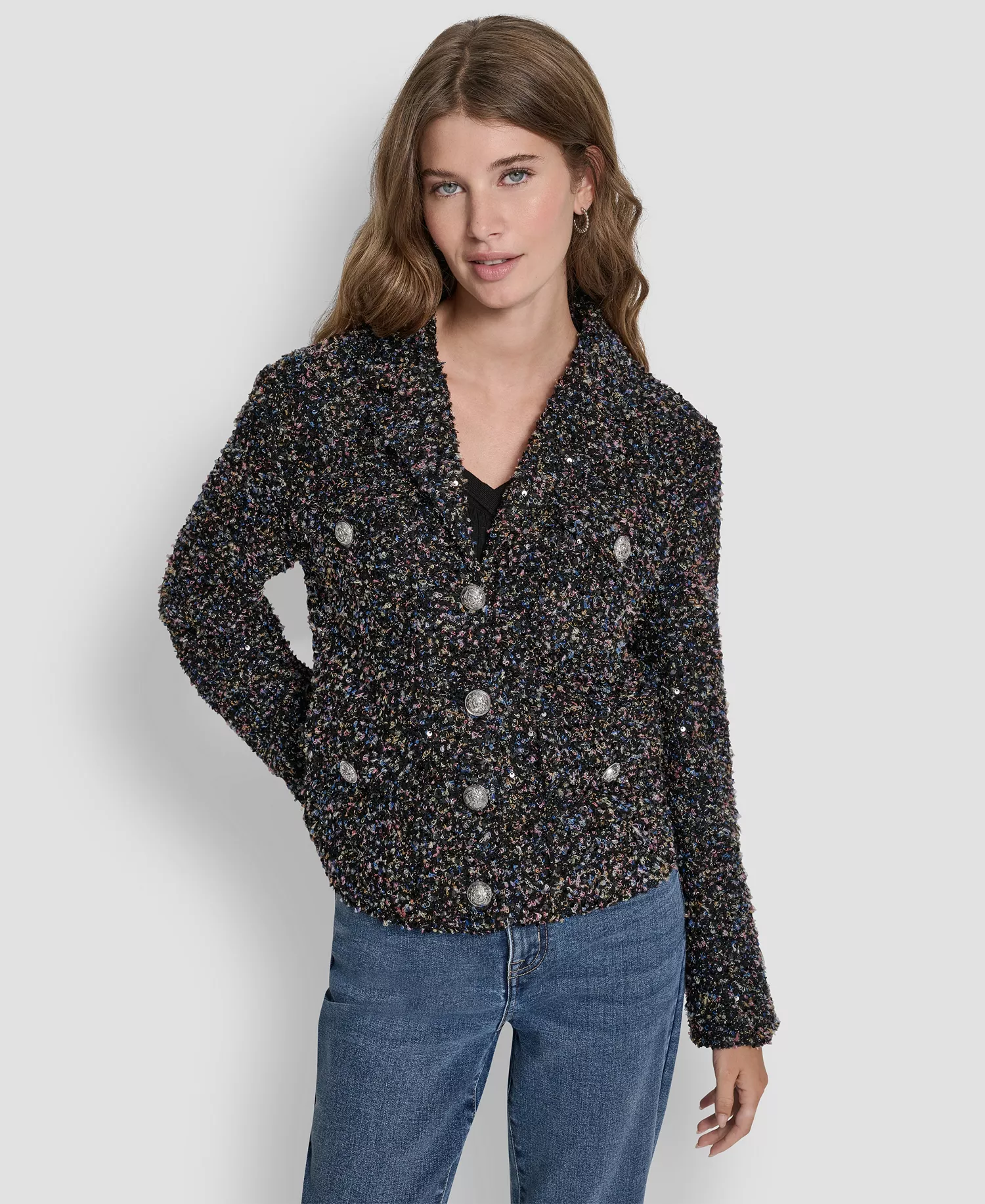 Women's Sequin Boucle Button -Front Jacket - Black/Shiny Silver - 0
