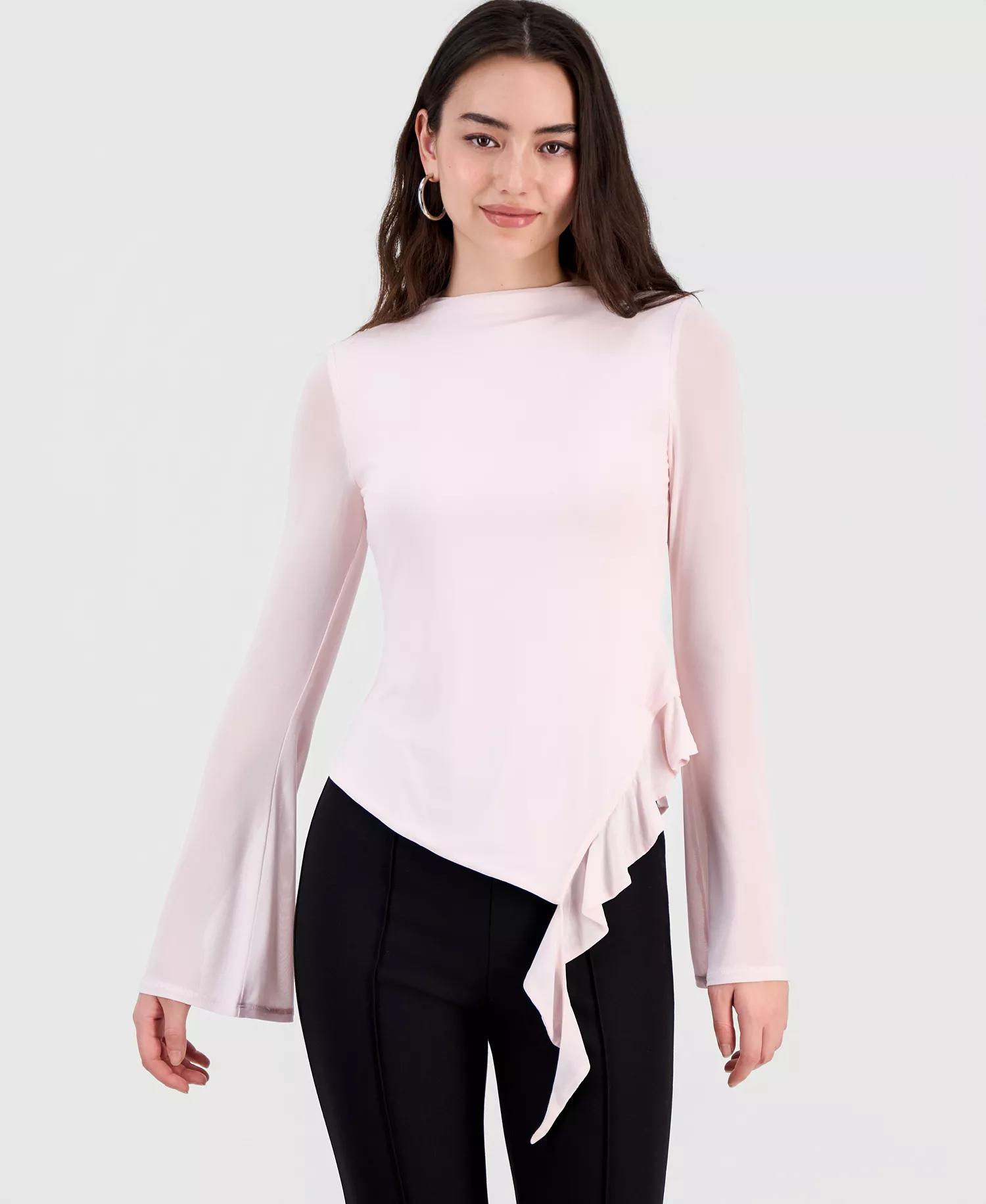 Women's Mock-Neck Asymmetrical Ruffled-Hem Top, Macy's Exclusive - Baby Pink - L