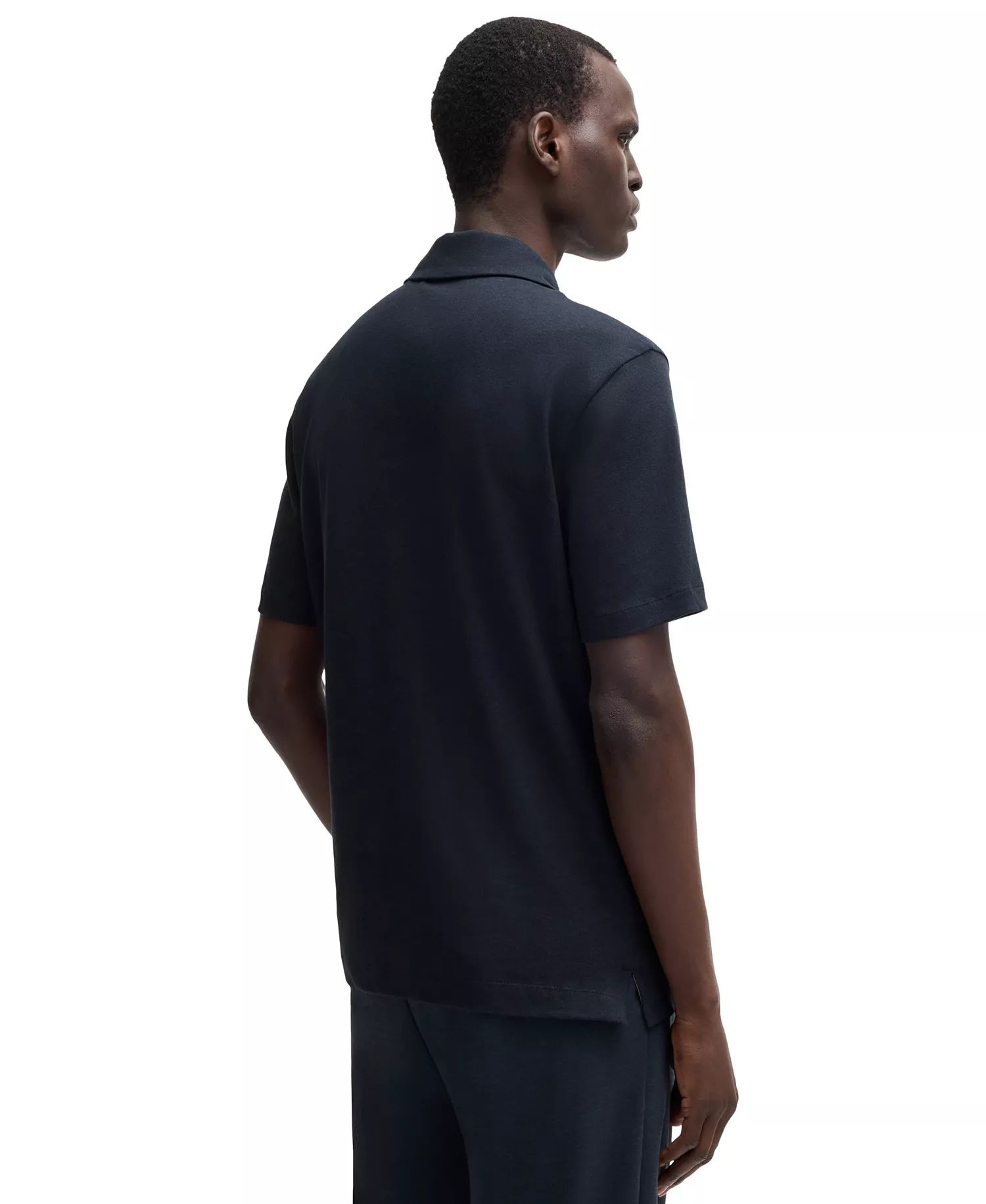 Men's Cotton Linen Regular-Fit Polo Shirt - Dark Blue - L