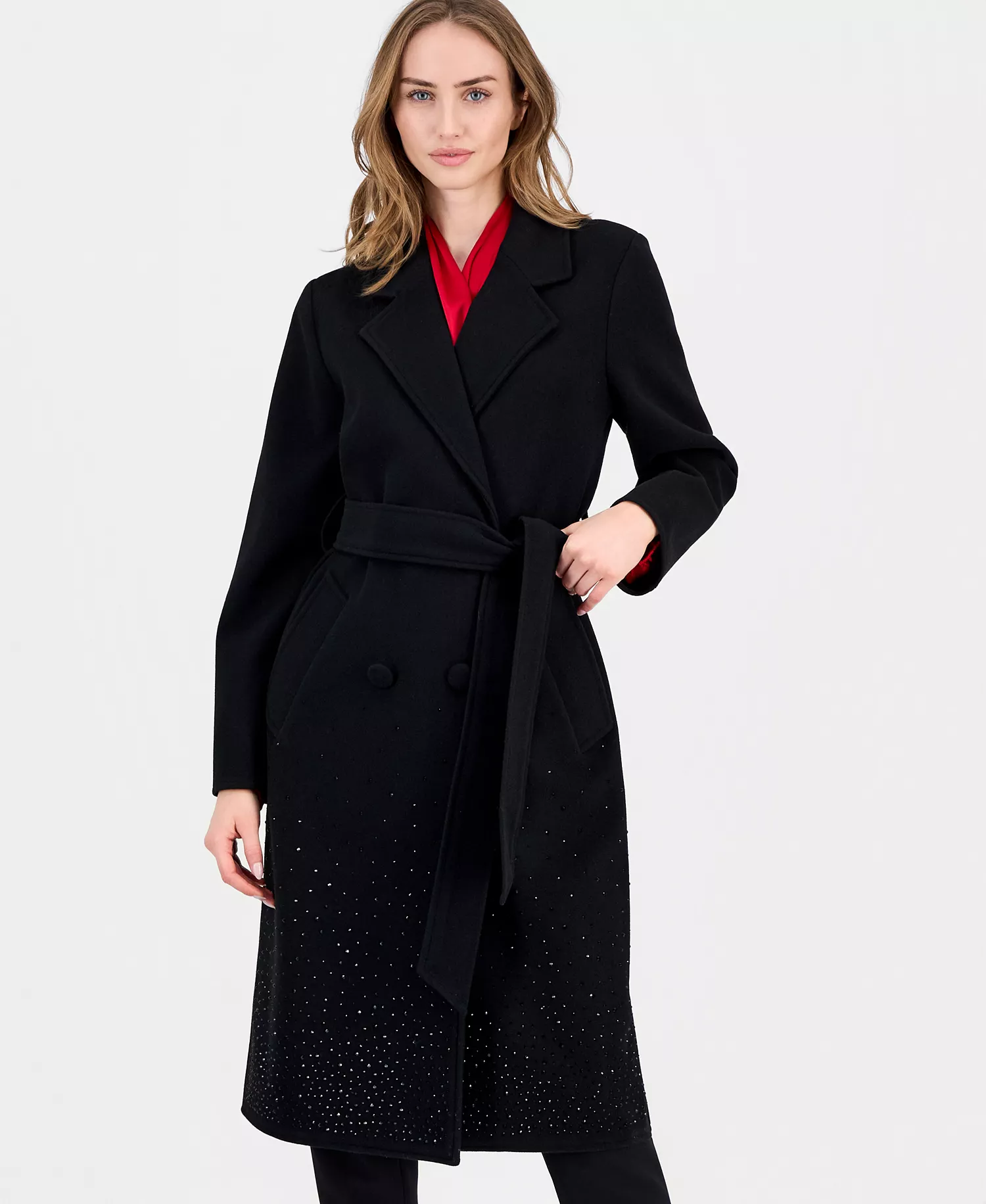Women's Double-Breasted Embellished Coat  - Black - S