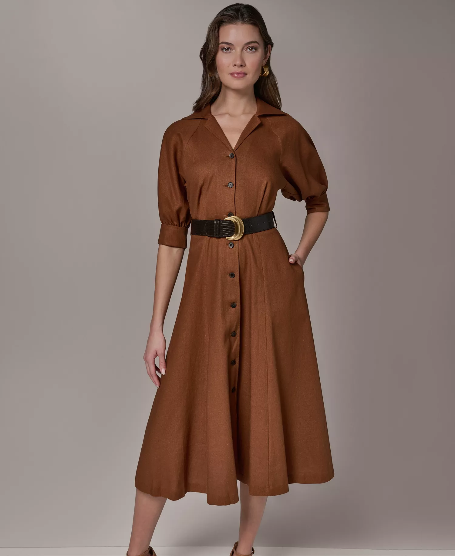 Women's Collared Neck Shirt Dress - Cognac - 10