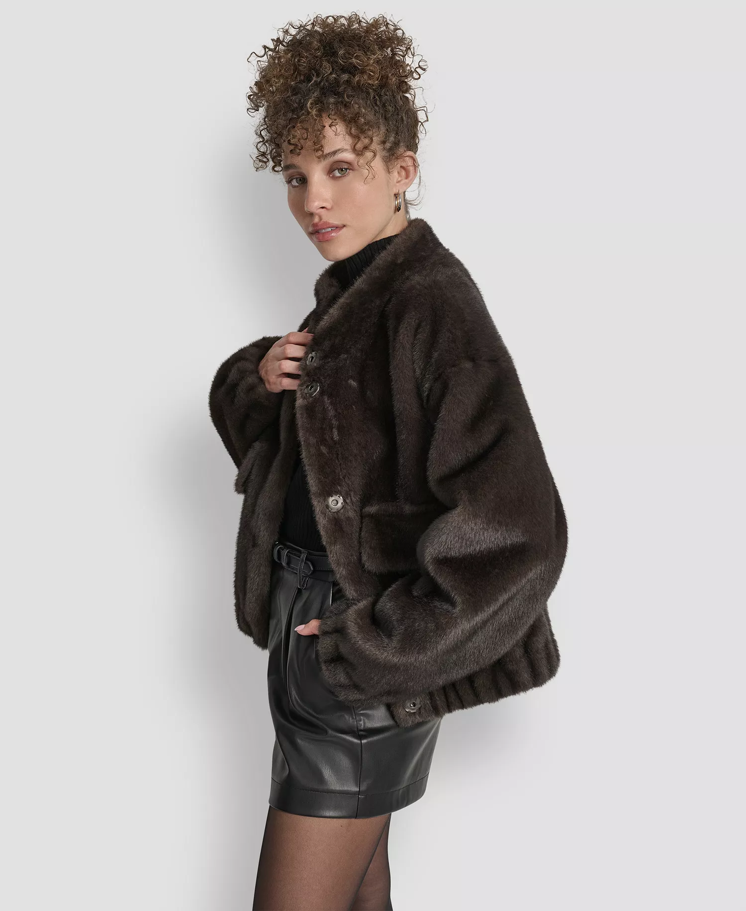 Women's Collar Neck Bomber Coat - Dark Brown - S