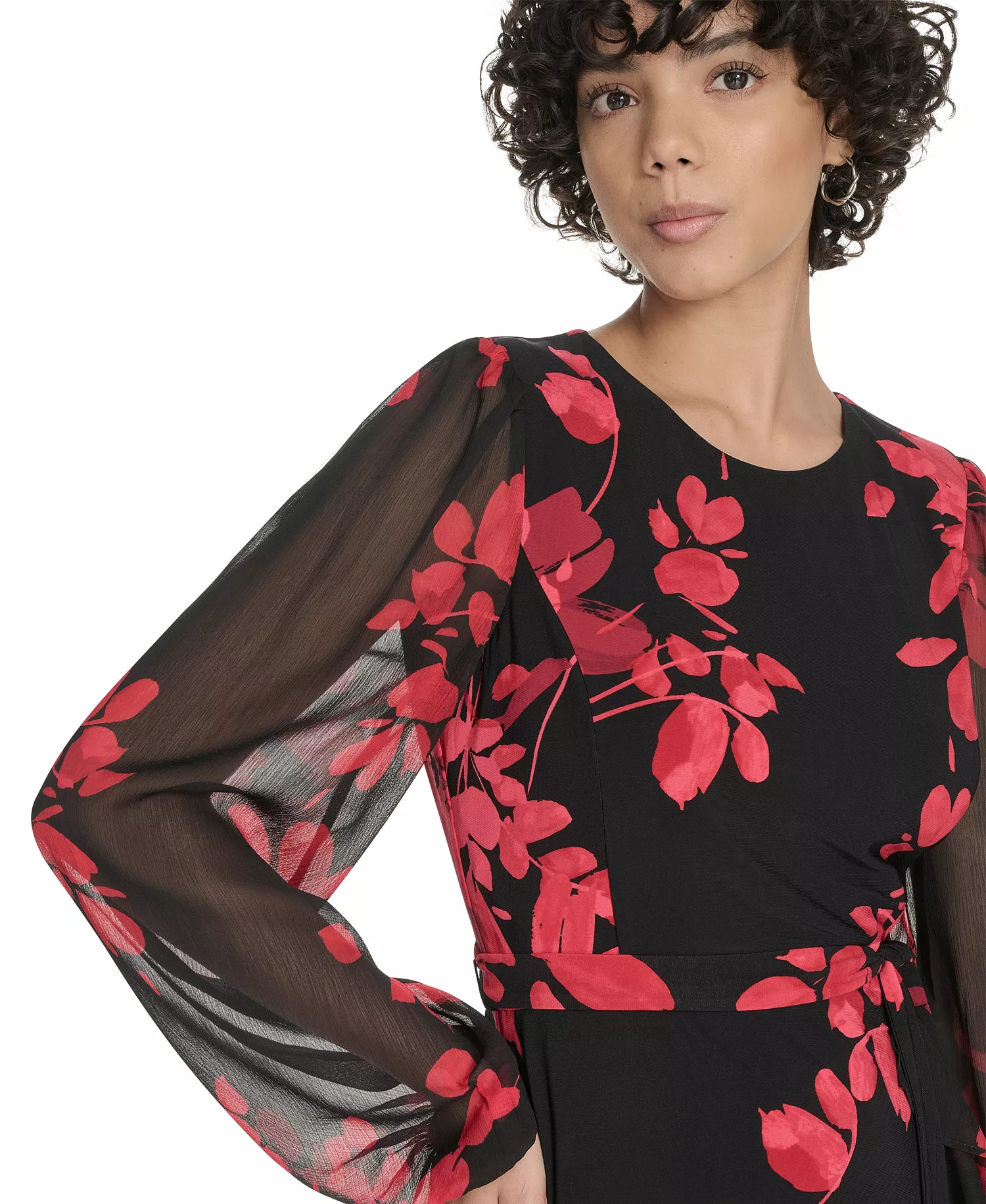 Petite Long-Sleeve Chiffon Combo Midi Dress - Deep Scarlet Multi - 0P