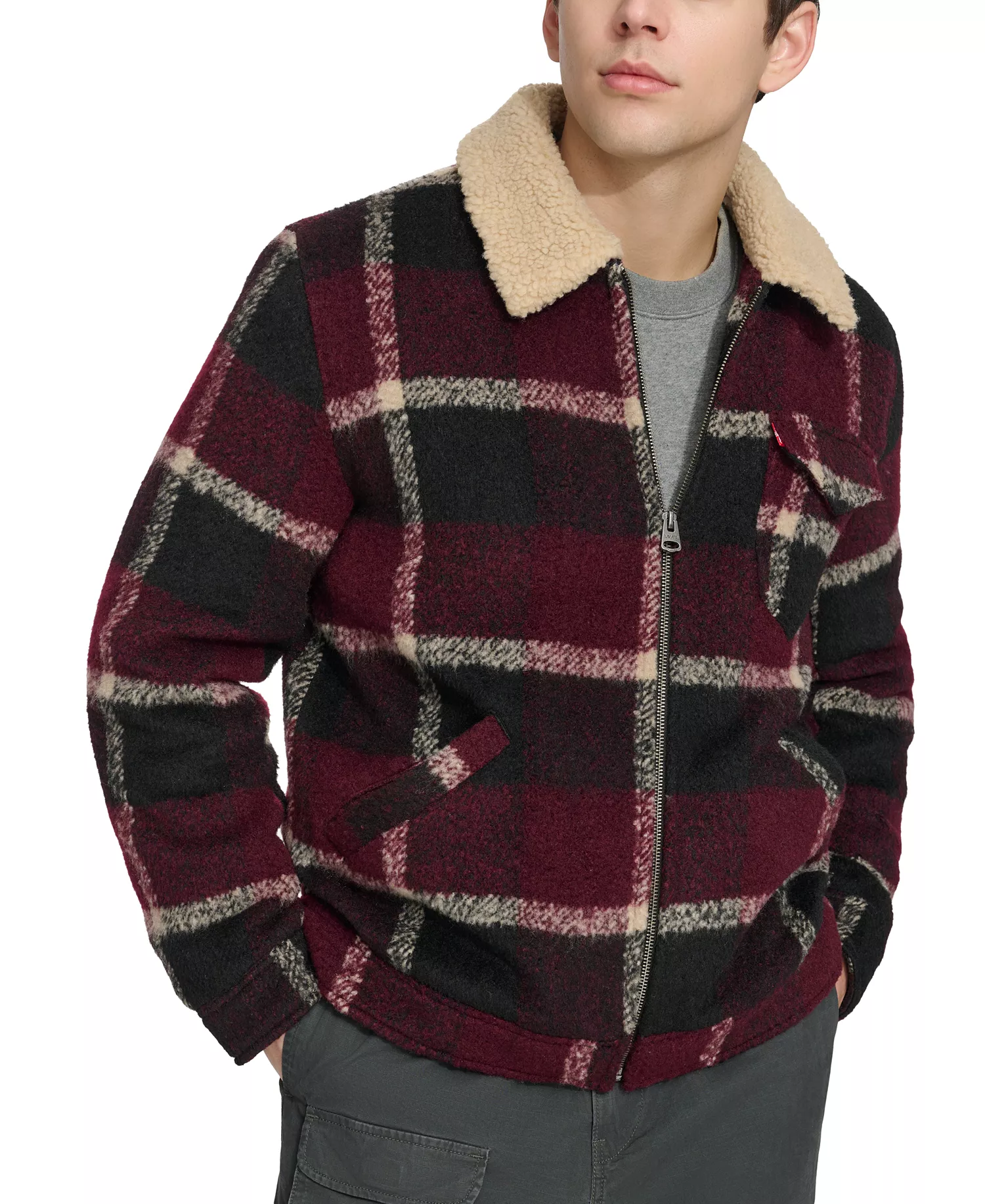 Men's Plaid Full-Zip Depot Jacket with Fleece Collar - Black Putty - L