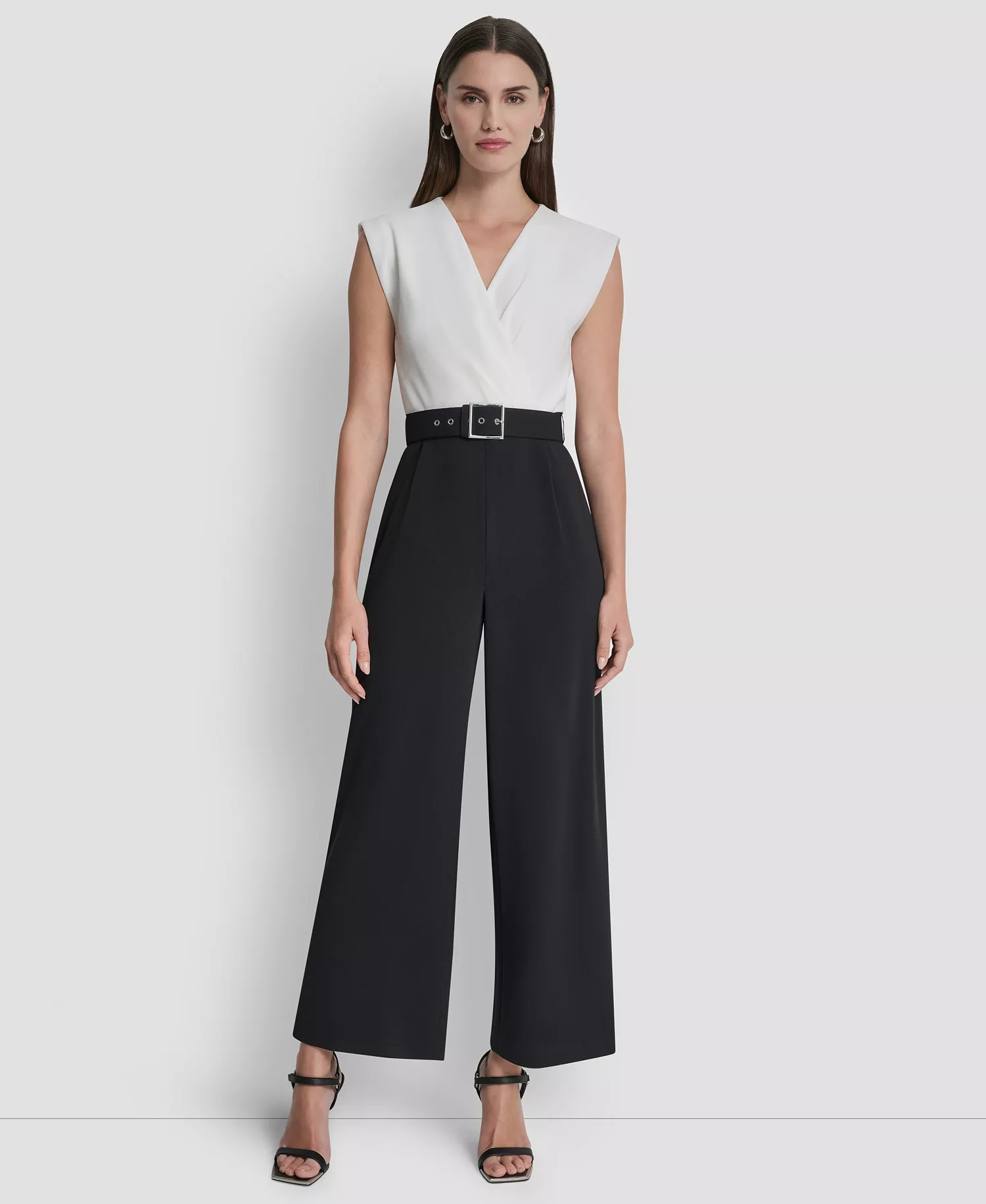 Women's Surplice Neck Straight Ankle Jumpsuit - Ivory/Black - 10