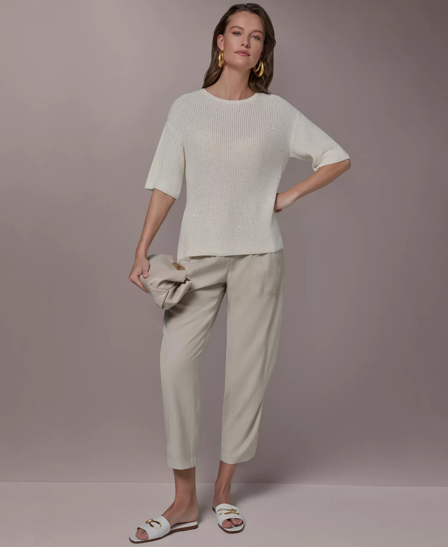 Women's Short-Sleeve Oversized Sweater - Cream - L