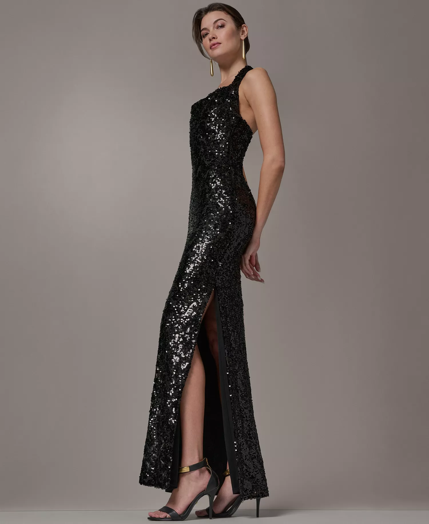 Women's Sequin Halter Neck Ball Gown - BLACK - 10