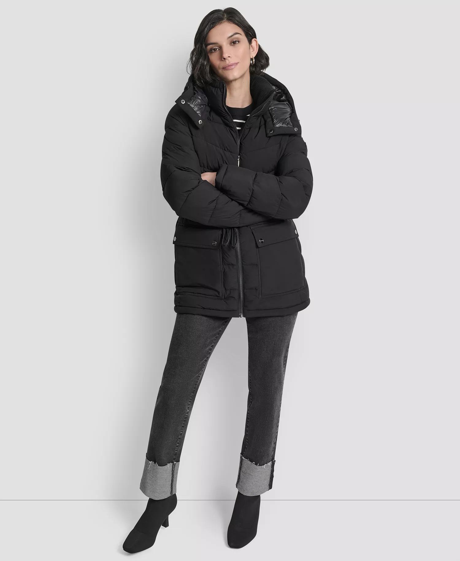 Women's Shine Hooded Anorak Puffer Coat - Black - L
