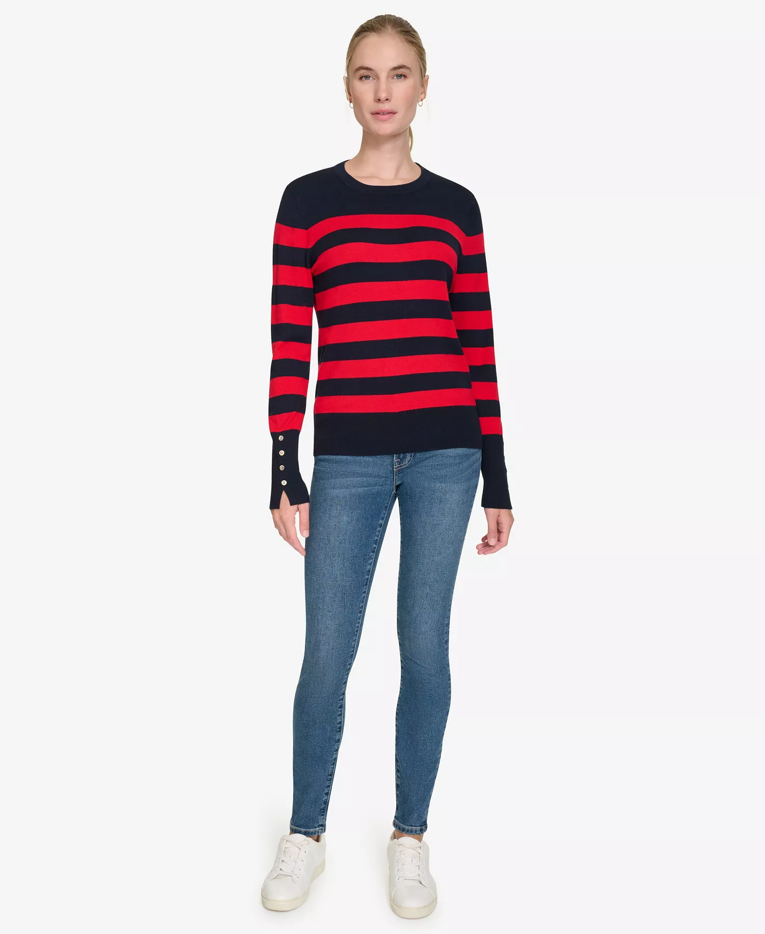 Nautica Women's Crewneck Stripe Sweater with Button Sleeve - Nigh Sky/Regatta Red - XL