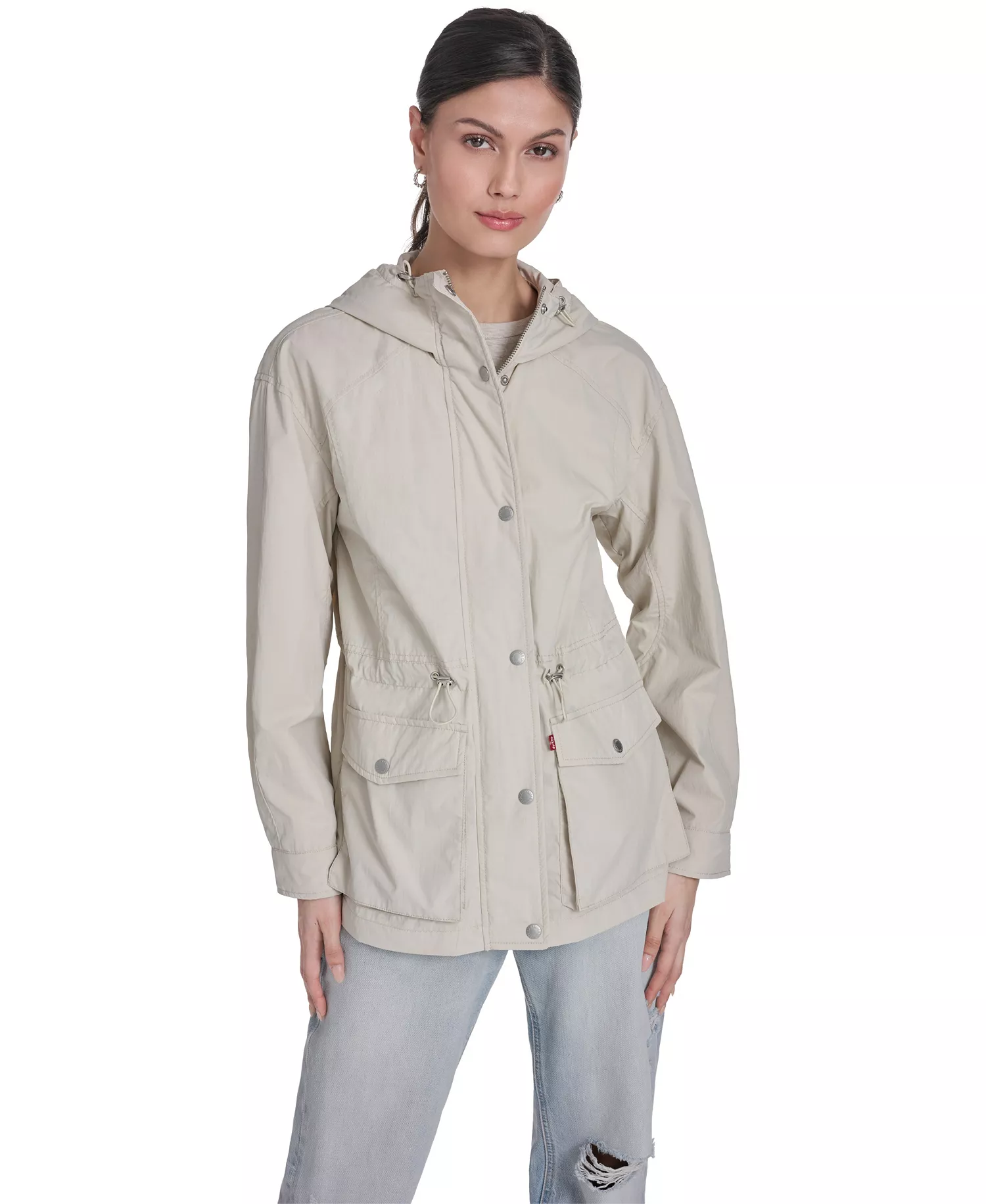Women's Hooded Zipper and Button-Snap Jacket - Oatmeal - L