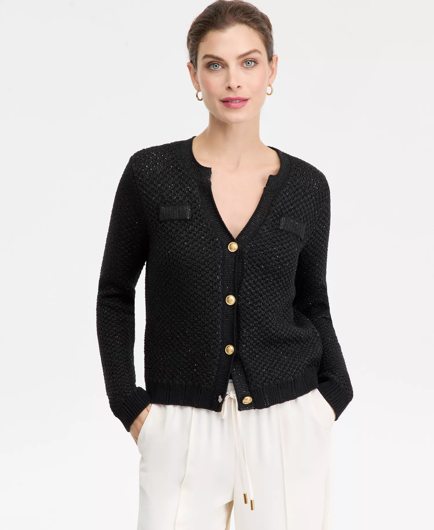 Petite Metallic Shine Cardigan, Macy's Exclusive - Black Lurex - M