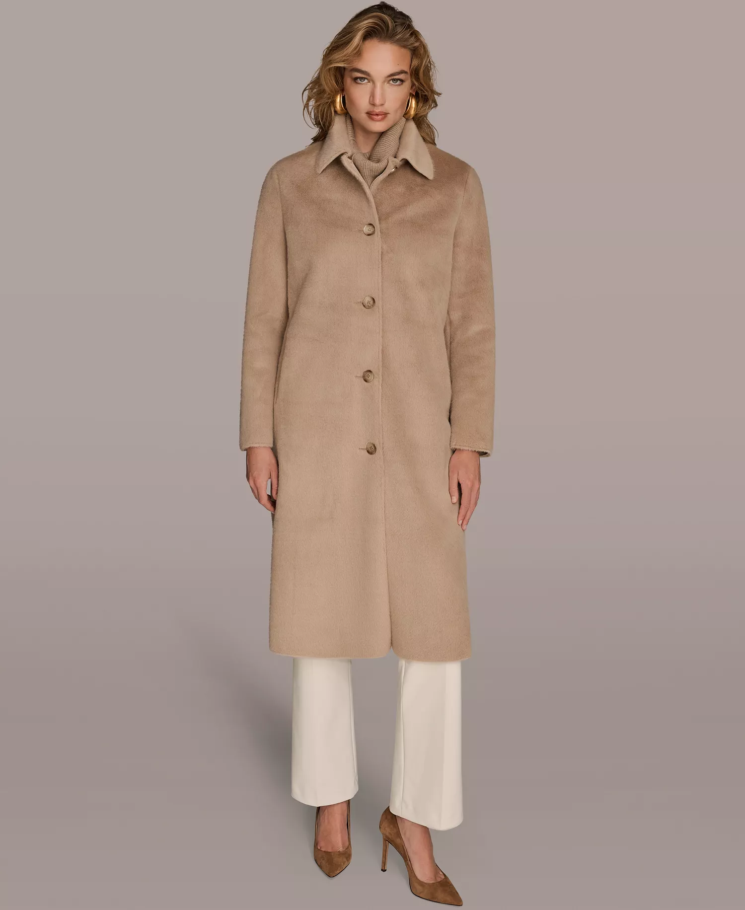 Women's Button Front Maxi Coat - Beige - L