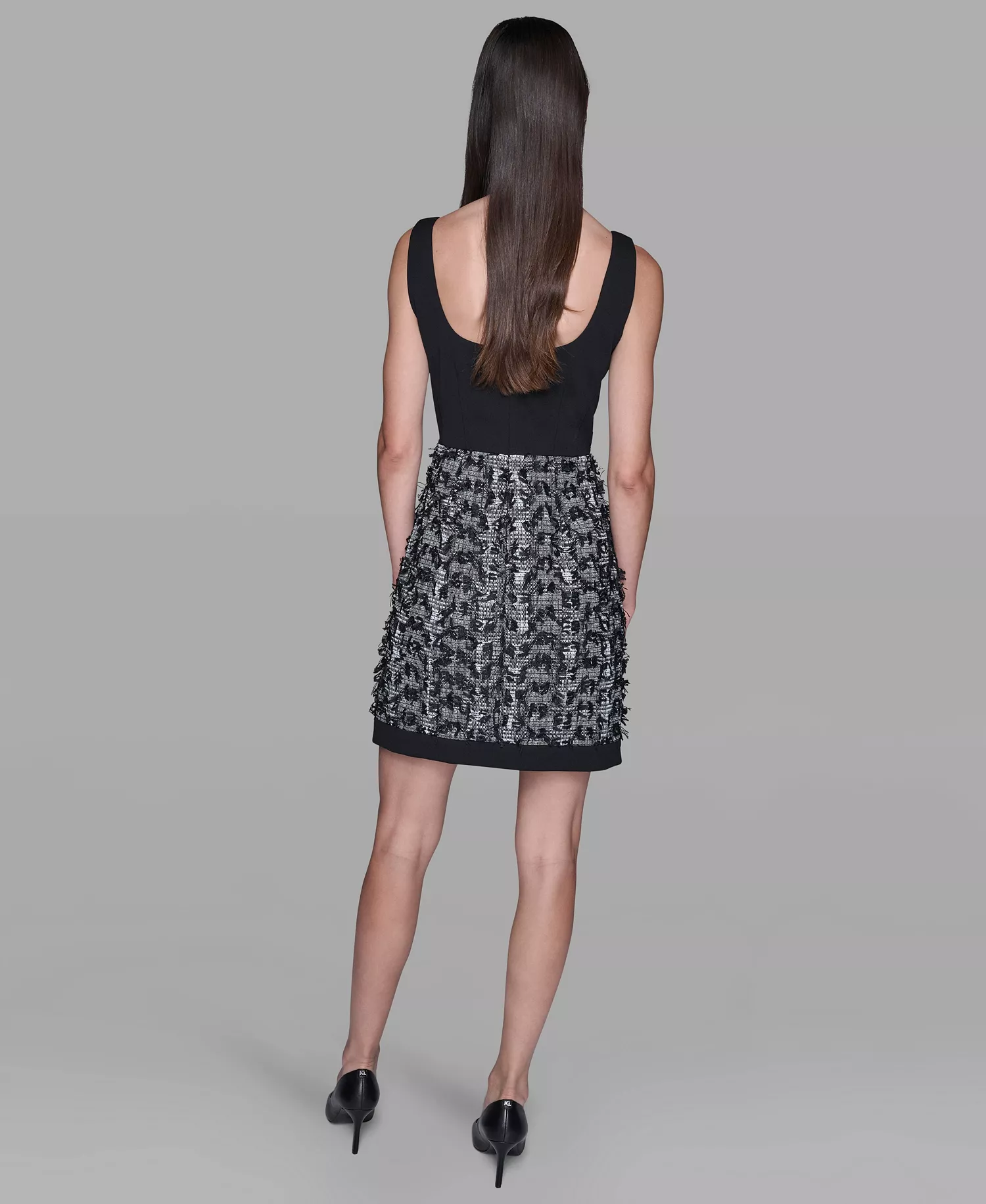 Women's Contrast Tweed and Knit Button Front A Line Dress - Black/ Soft White/ Black - 10