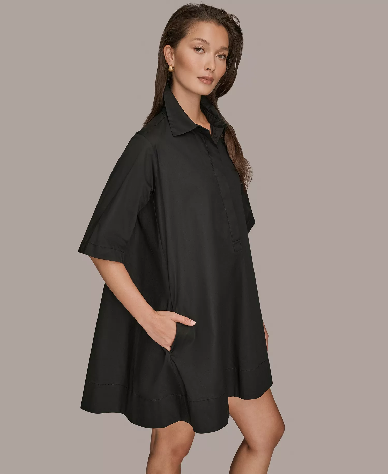 Women's Stretch Poplin Elbow-Sleeve Hidden Placket Dress - Black - L