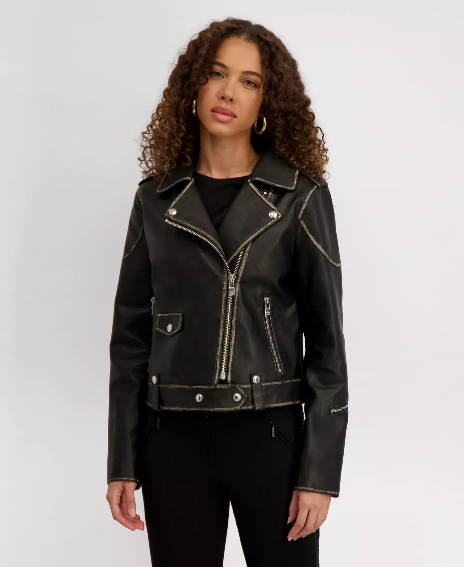 Women's Asymmetric Faux Leather Belted Moto Coat, Created for Macys  - Black - L