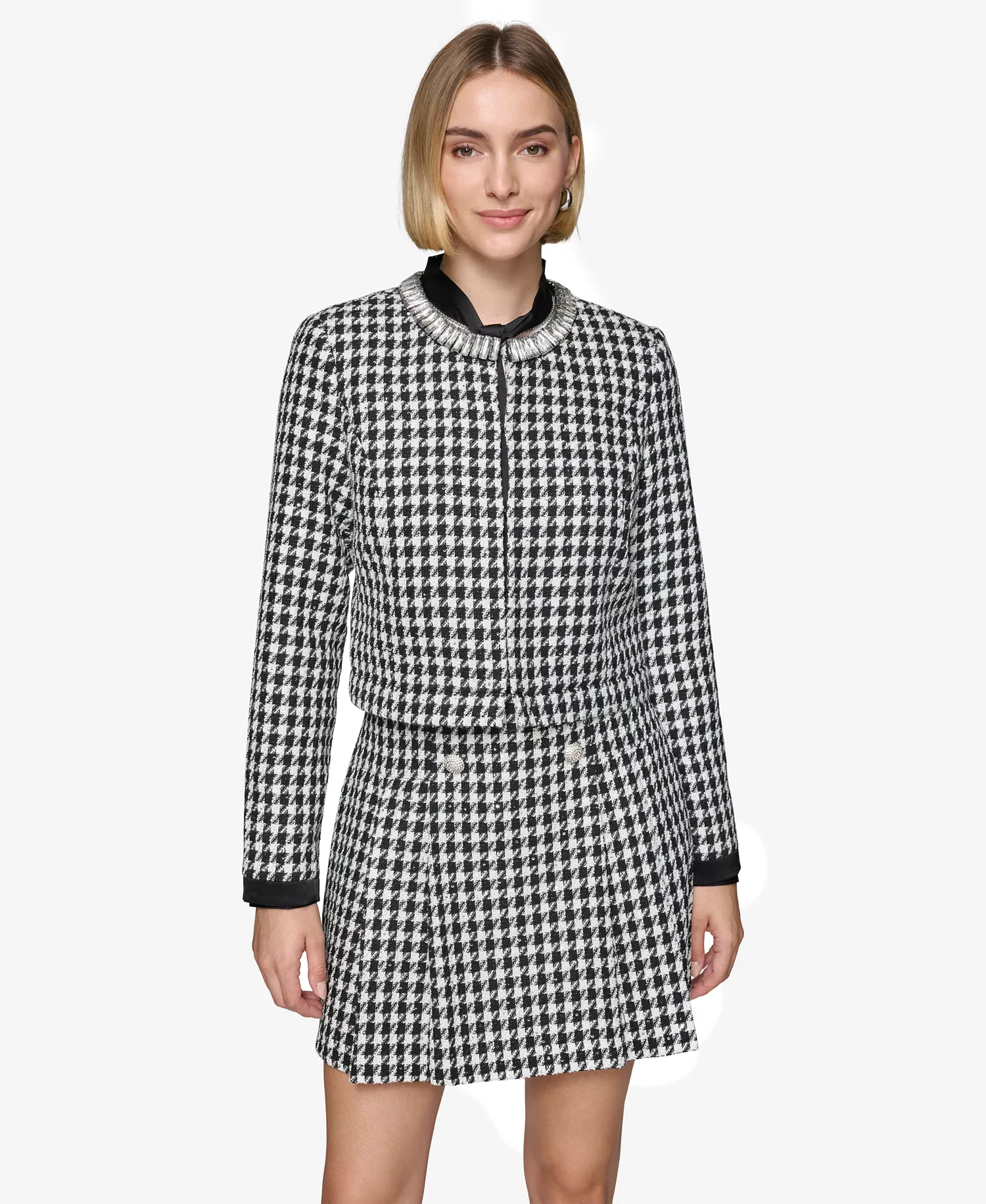 Women's Convertible Rhinestone-Collar Houndstooth Jacket - Black/Soft White - 10