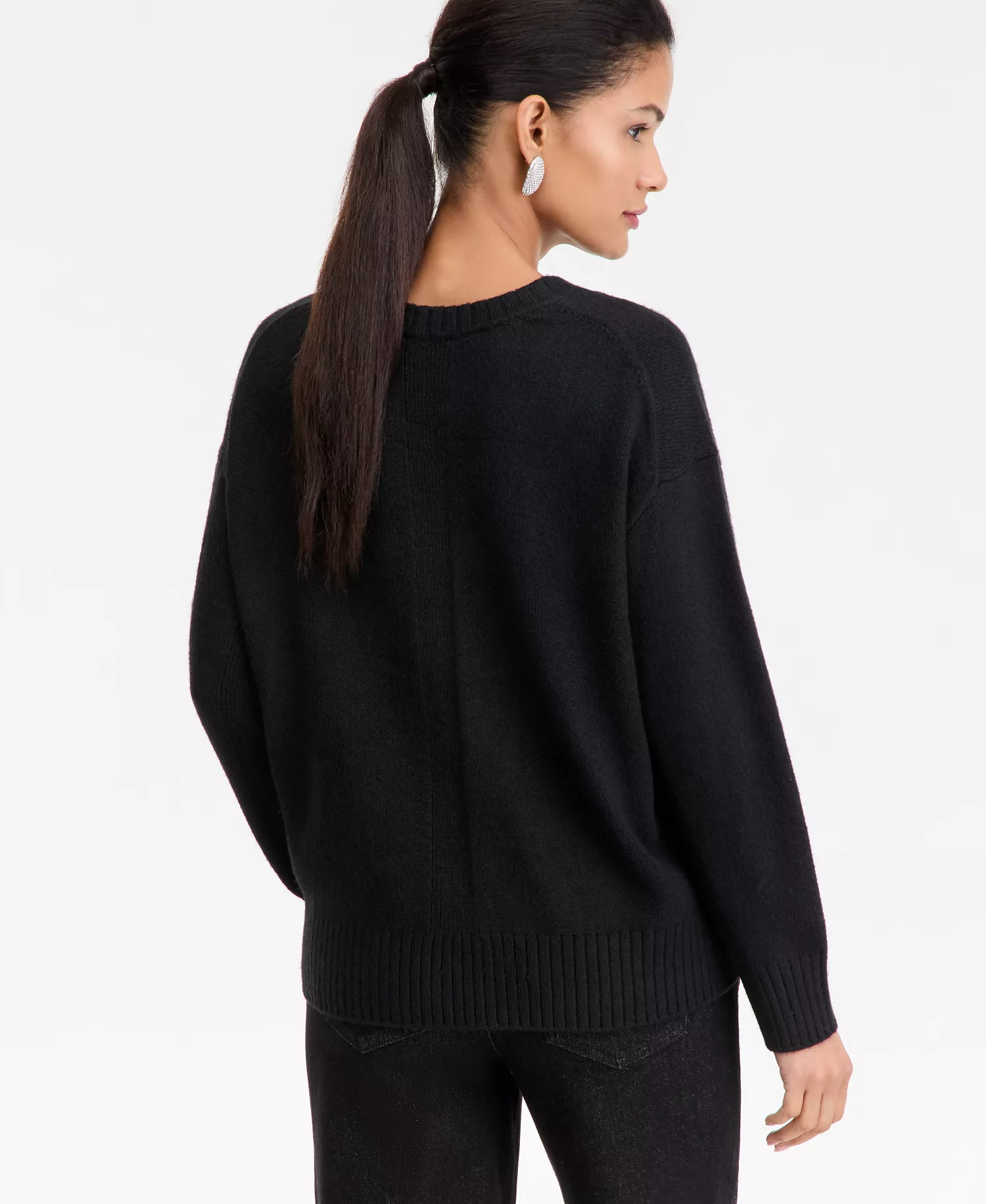 Women's Ribbed-Trim Crewneck Pullover Sweater, Macy's Exclusive - Deep Black - M