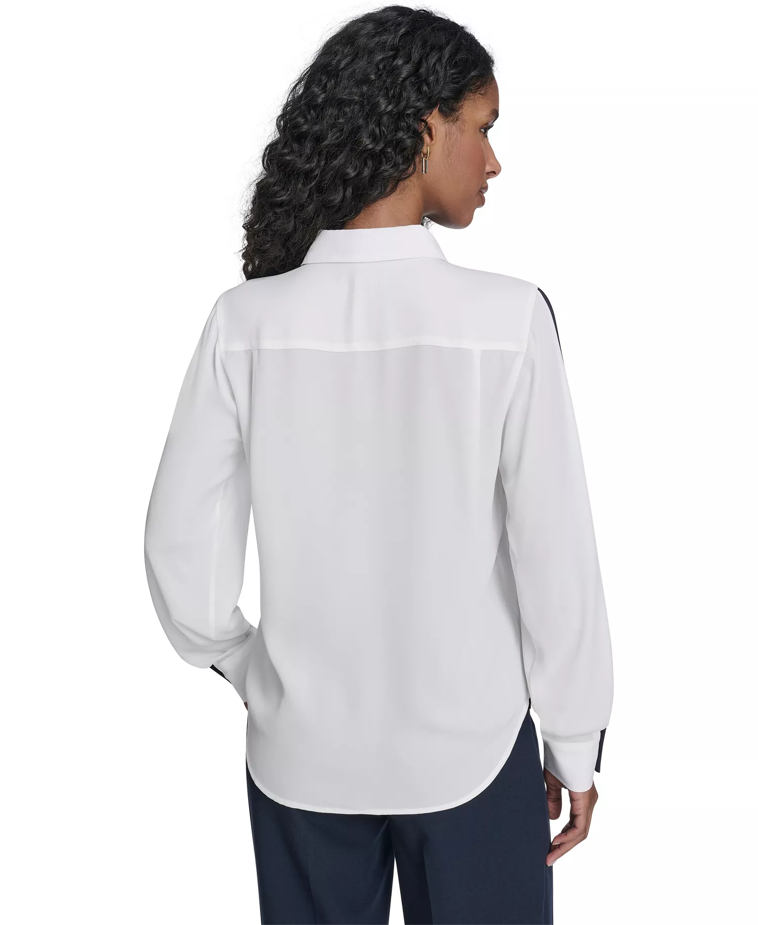 Women's Long Sleeve Contrast Trim Button-Up Blouse - Ivory - L