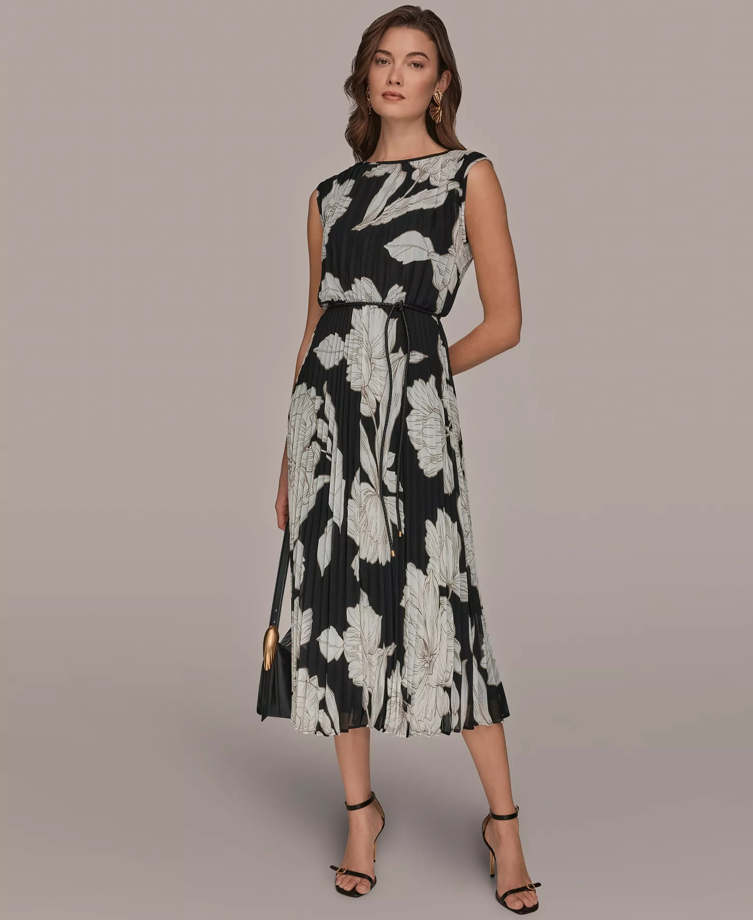 Women's Floral Crew neck Midi Dress - Black/Fawn/Cream - 10