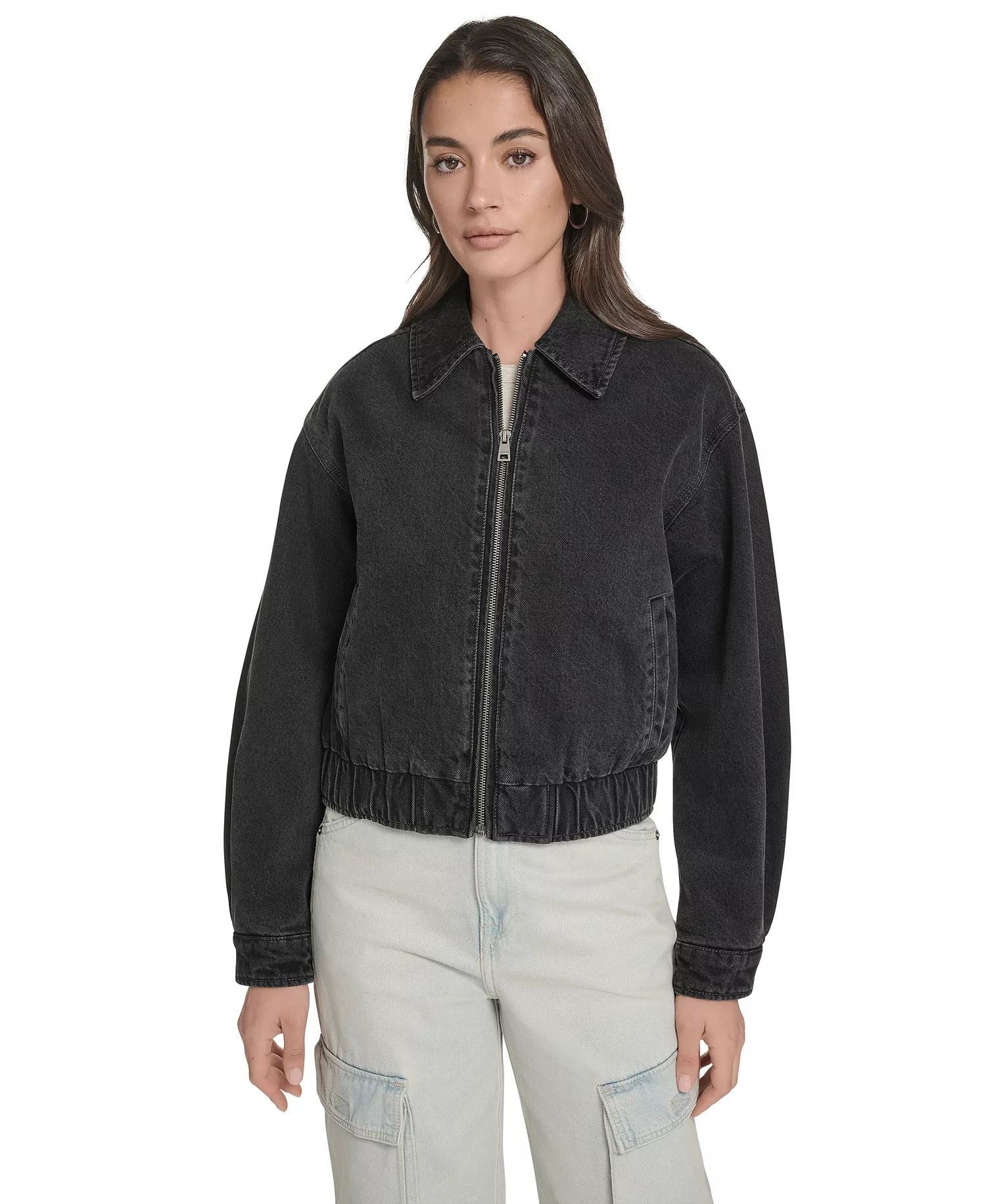 Women's Laydown Collar Denim Bomber Jacket - Black Denim - L
