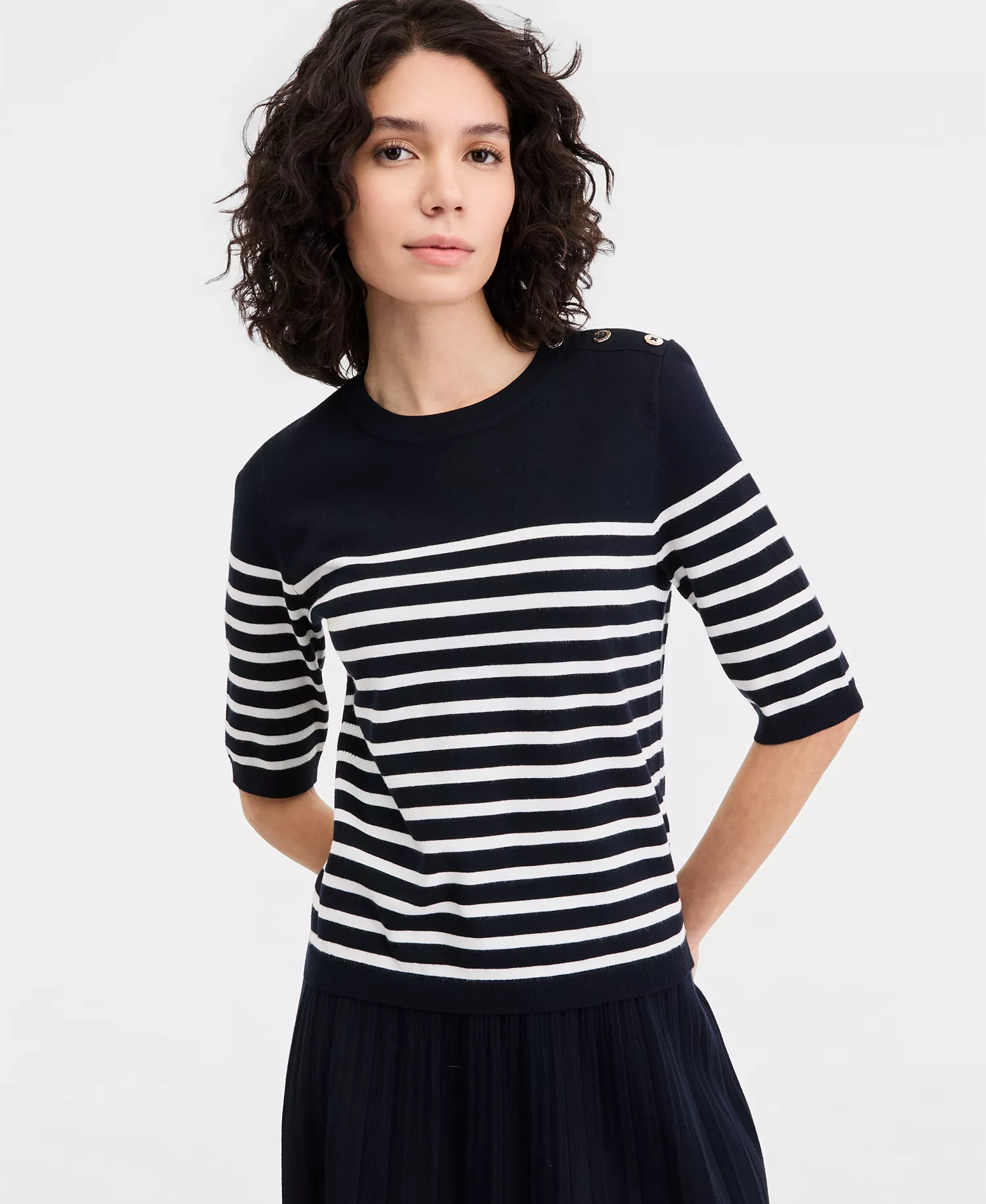 Jeans Women's Elbow-Sleeve Button-Trim Sweater - Night Sky/ Bright White - L